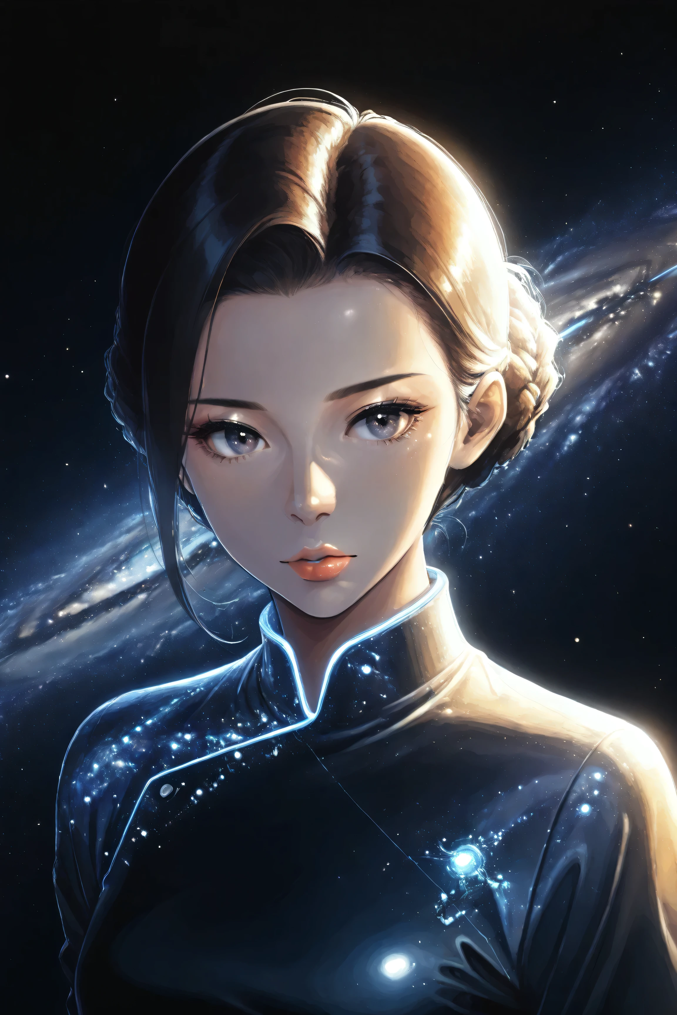 ((best quality)), ((masterpiece)), (detailed), perfect face, asian girl, surreal, sexy space clothes, in the illustrative style of moebius, spaceships, aliens, fantasy, sci-fi, graphic novel, line drawing, french retro,
