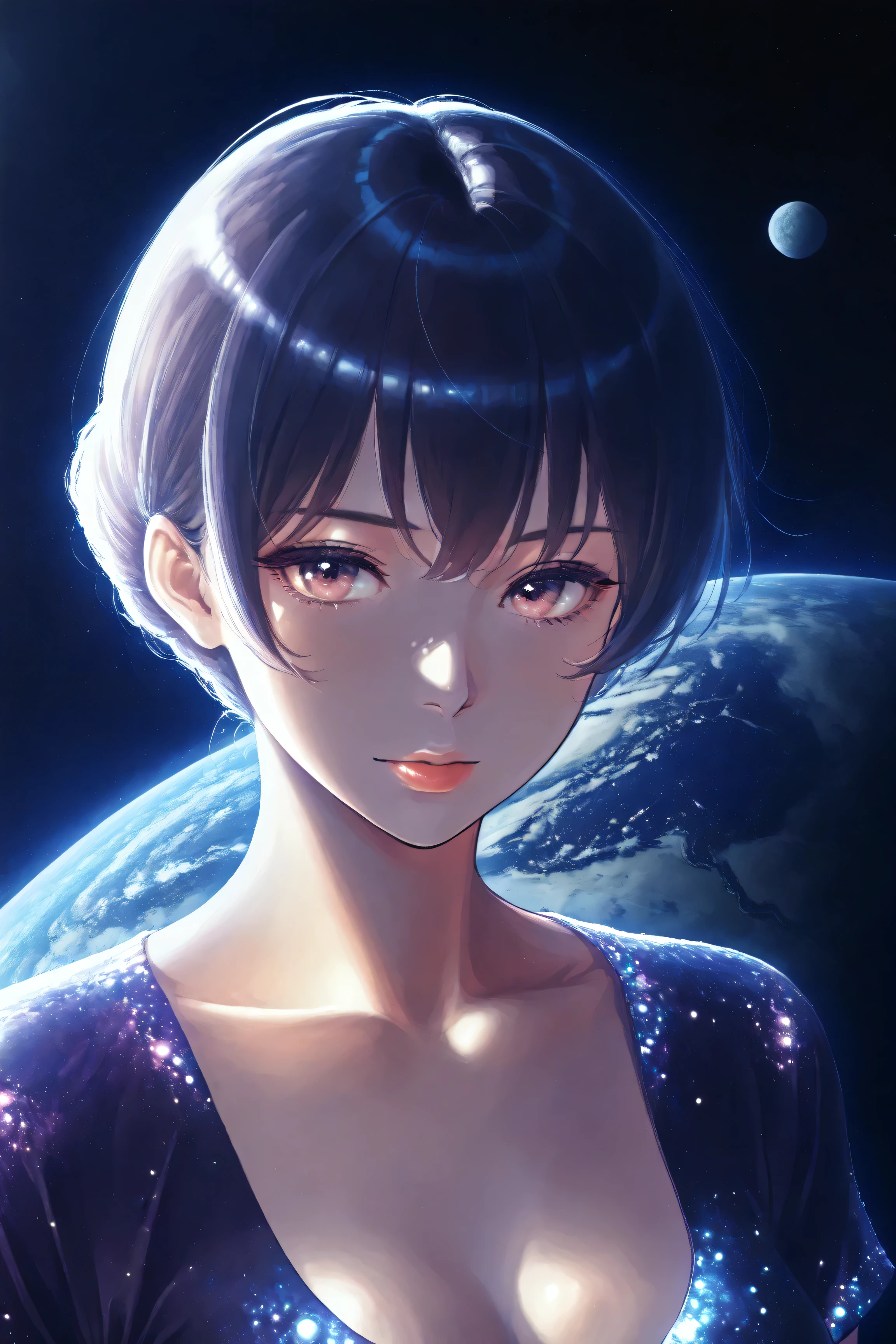 ((best quality)), ((masterpiece)), (detailed), perfect face, asian girl, surreal, sexy space clothes, in the illustrative style of moebius, spaceships, aliens, fantasy, sci-fi, graphic novel, line drawing, french retro,