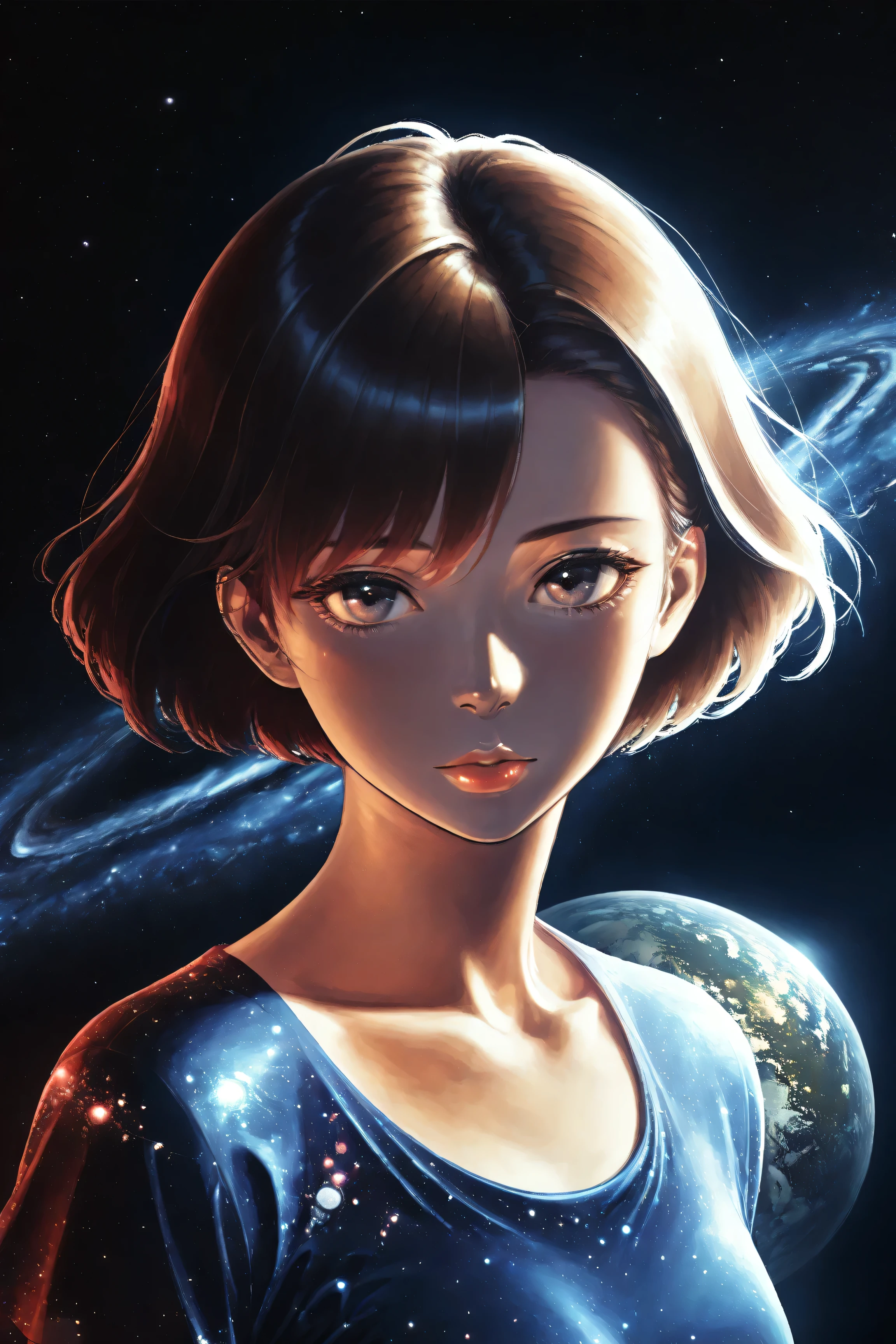 ((best quality)), ((masterpiece)), (detailed), perfect face, asian girl, surreal, sexy space clothes, in the illustrative style of moebius, spaceships, aliens, fantasy, sci-fi, graphic novel, line drawing, french retro,