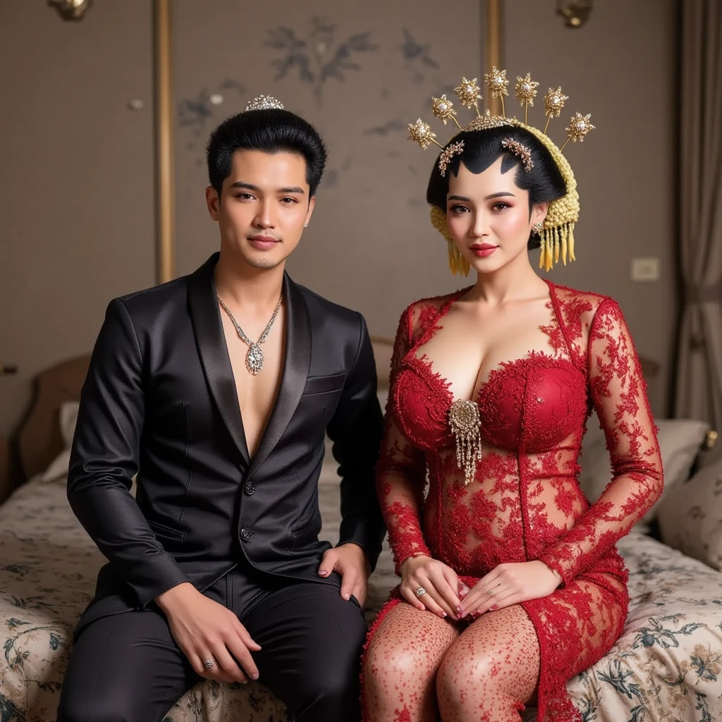 generate a lady with ((gigantic breast:1,9)), wearing tight luxury transparent kebaya, luxury bustier sexy transparent corset, batik tight long skirt and sanggul hair, slim waist, propotional body, standing in front of candi, she is kissing a man who wewr tuxedo, her aura is really beauty, make the picture looks so lovely, masterpiece, full body picture, hyperdetail, 8k, ambient effect, digital effect, (((nsfw))), (((nude))), (((nipples))), (show boobs), (show cleaveage)