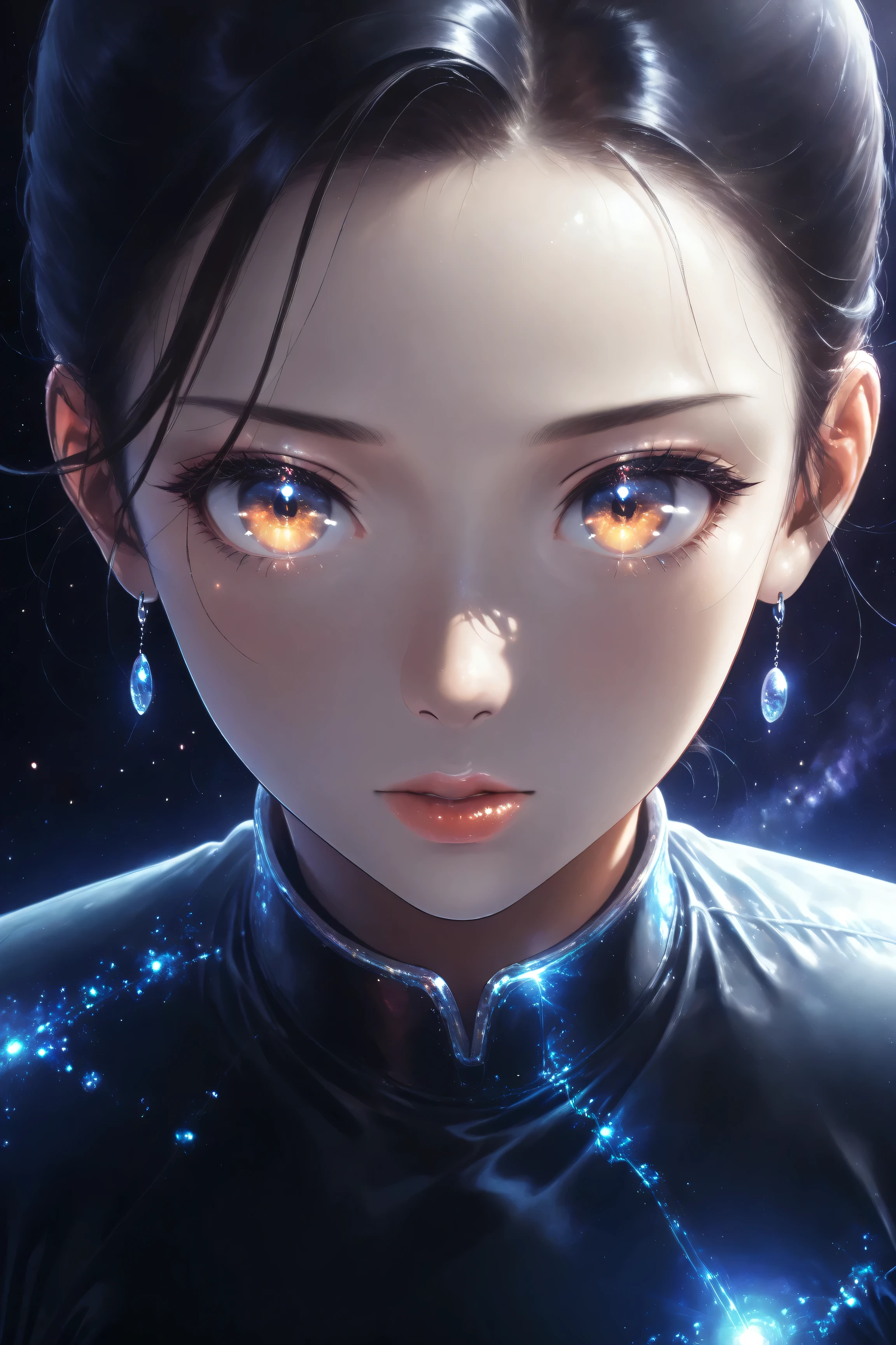 ((best quality)), ((masterpiece)), (detailed), perfect face, asian girl, surreal, sexy space clothes, in the illustrative style of moebius, spaceships, aliens, fantasy, sci-fi, graphic novel, line drawing, french retro, glowing gold eyes, eyes like jewels, eye focus, close up,