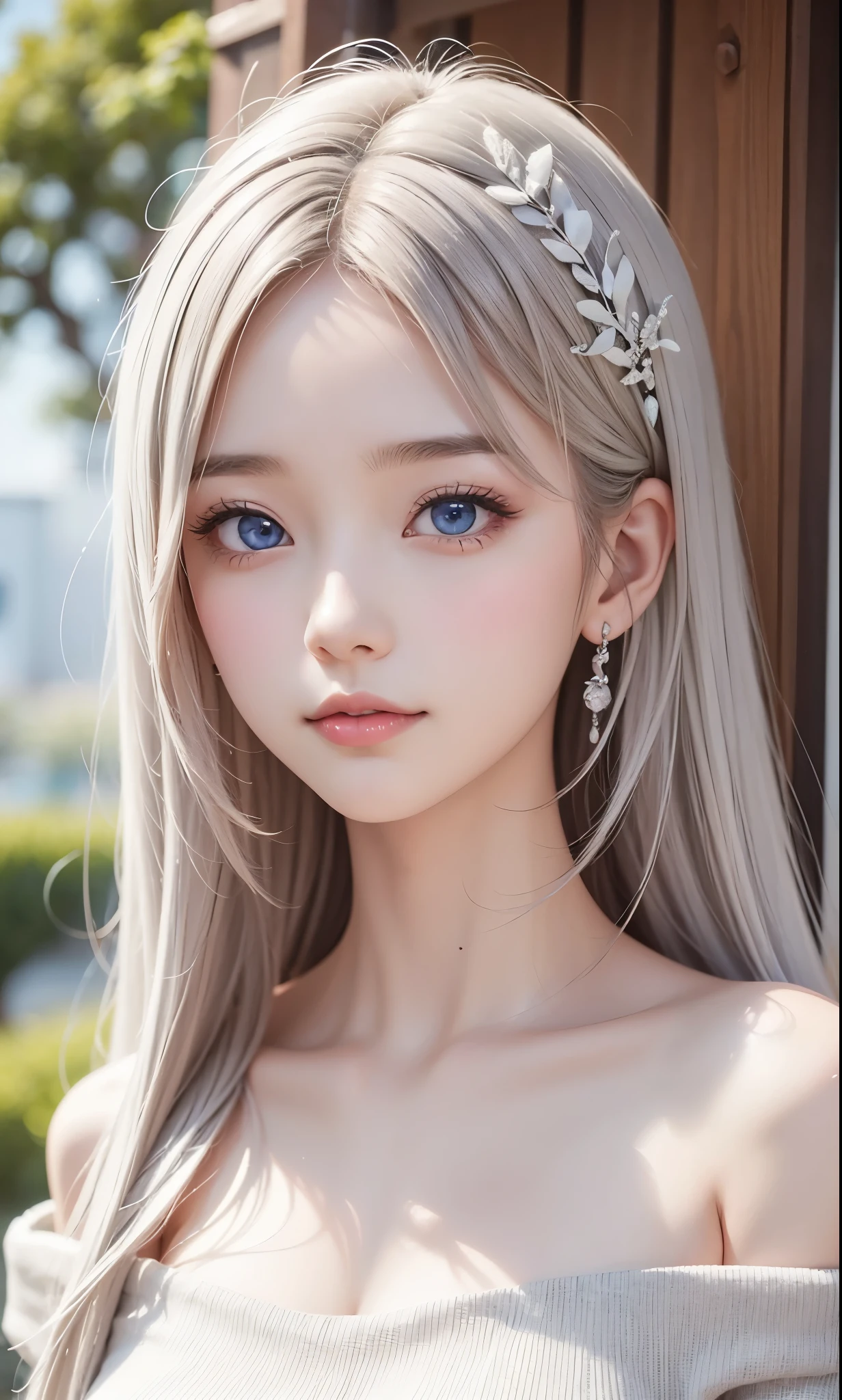 There is a woman in a white dress, artwork in the style of Gwaiz, Gwaiz on pixiv artstation, Gwaiz on artstation pixiv, Gwaiz, Fantasy art style, Gwaiz masterpiece, Beautiful and elegant queen, Beautiful character drawings, Detailed digital anime art, Blonde Princess, Gray Hair, Sky blue eyes, Pink Lips, off shoulder sweater, cool girl face, beautiful eyes, face type, reika