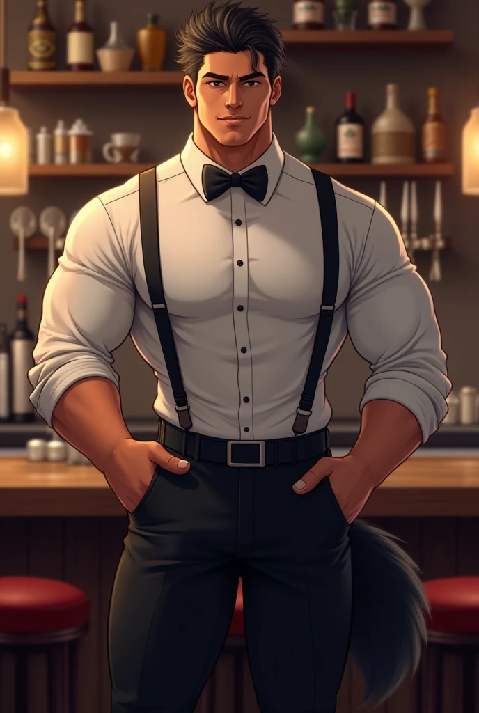 Full body depiction, men only, sexy, sensual, space full of hot air and steam, dimly lit luxury club, haze does not show the background well, luxury casino, squats on table, slot machine, roulette, game table, gambling, strip, large playroom, party, playboy bunny, rabbit ears, white cuffs on wrist, black bow tie, bunny boy, mega muscle, Hyper muscle, masculine appearance, mature male, handsome, underwear only, shirtless, formal leather shoes in black color, no pants, beautiful muscles, complex and elegant, highly detailed digital painting, anime style art, art station, concept art, top quality, masterpiece, ultra high definition, detailed background, realistic figure, muscular man, beard, muscle, facial hair, volumetric lighting, depth of field, bend over, squat, show armpits, smooth and sharp focus, illustration, art, string latex bikini, string latex bikini for men, string bikini for men, strings digging buttocks, facial hair, trimmed hair, muscle, navel, muscle, male, gay, hypermuscle, male focus, muscle male, yaoi, muscle, buttocks, pectoral muscles, large pectoral muscles, Thick quadriceps, thighs, wet body, heat and steam emanating from the body, sweating, soaked, crotch, big back, turning around, showing back, showing ass, upper class, bunny boy waiter, tropical drink, shiny oiled skin, glittering oiled skin, tanned skin, bubble ass, dog style, bunny boy waiter and guest guys