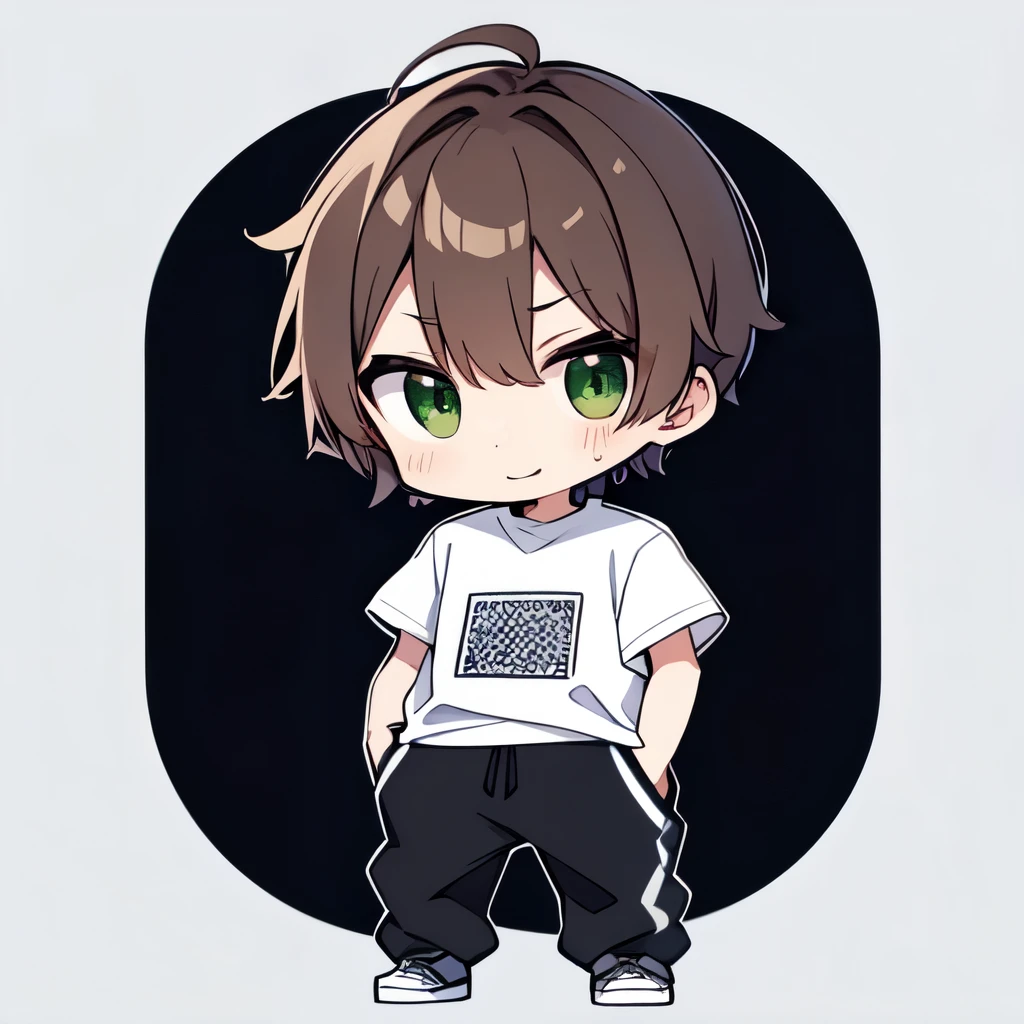 chibi, hair, Is wearing sweatshirts, full body, Confident expression, mature, simple background,短hair,
One boy , alone, green eyes, happy,Brown hair, とてもshort hair , shirt, short_ sleeve,Belligerent, tall ,刈り上げたhair,センター分けのhair,とてもshorthair,((shorthair)),one boy