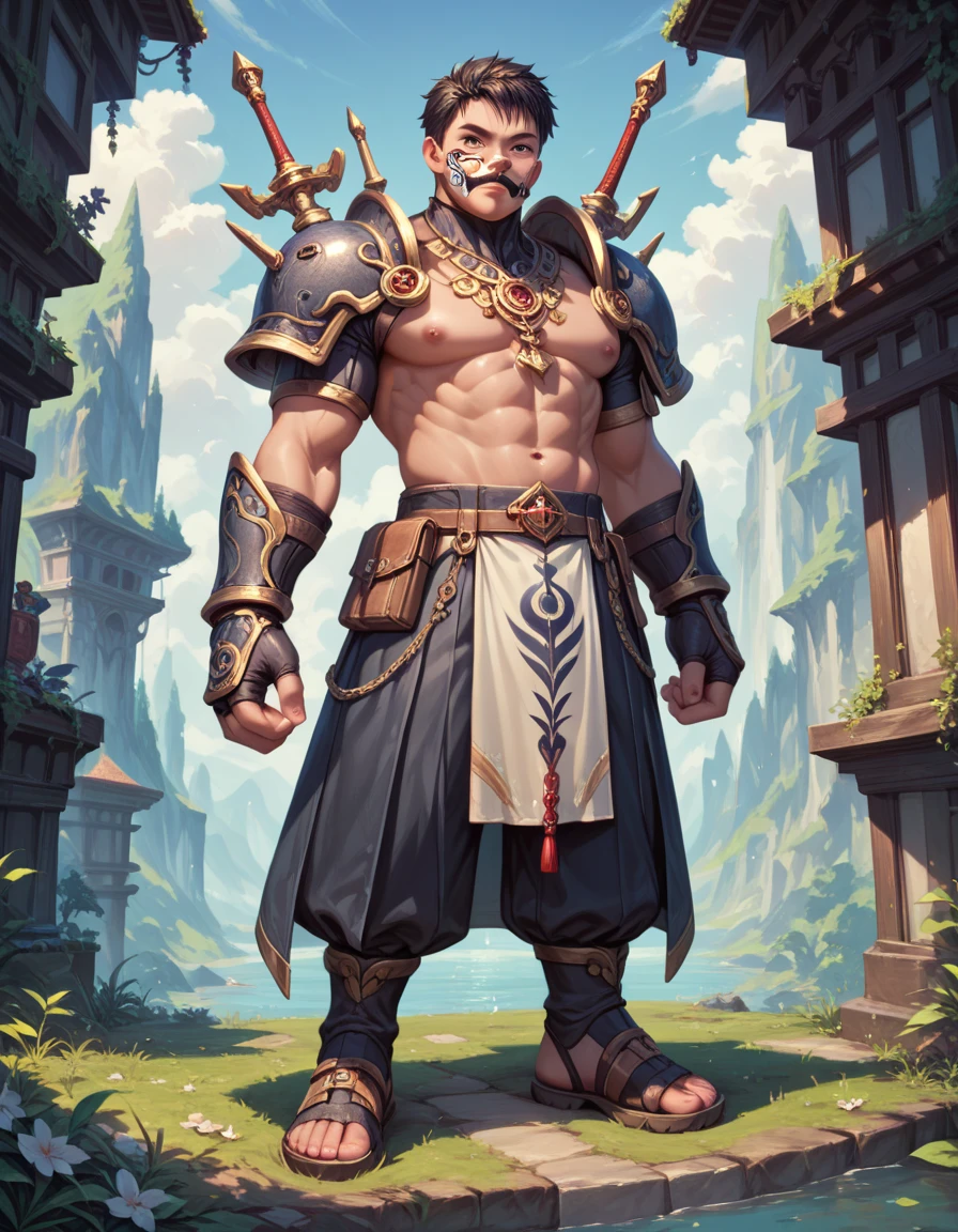masterpiece,best quality,painting of a man,((highlander, intricate outfit, thong, Goldfish Orange theme)),lonely look,well-built ripped man,big hair,Platinum hair,short back and sides,Bright Blue eyes,tall,temperate desert,intricate background,dynamic pose,action scene