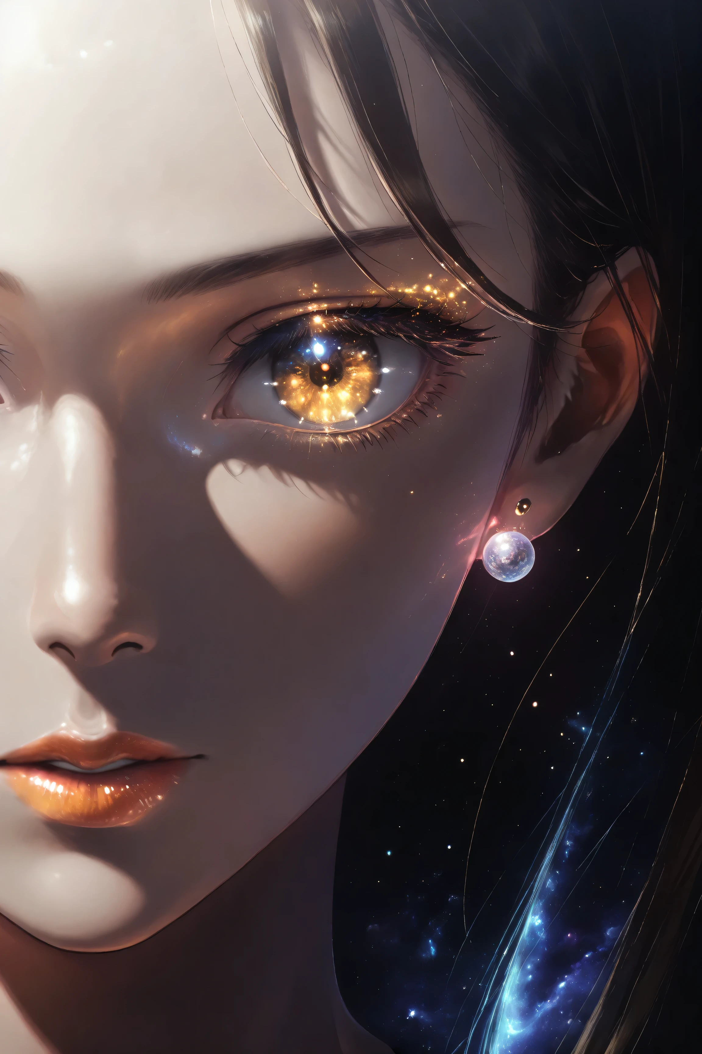 ((best quality)), ((masterpiece)), (detailed), perfect face, asian girl, surreal, sexy space clothes, in the illustrative style of moebius, spaceships, aliens, fantasy, sci-fi, graphic novel, line drawing, french retro, glowing gold eyes, eyes like jewels, eye focus, close up,