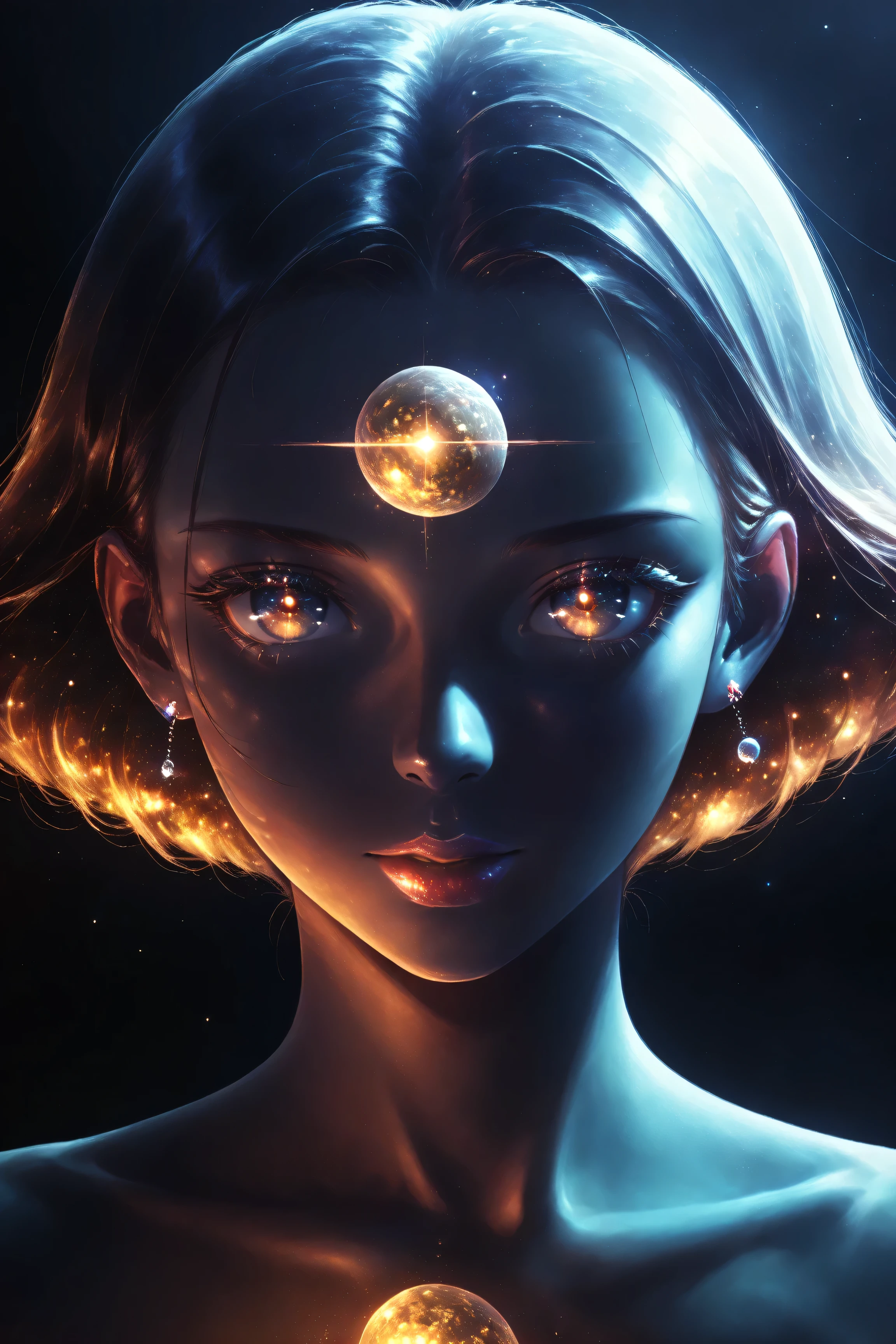 ((best quality)), ((masterpiece)), (detailed), perfect face, asian girl, surreal, sexy space clothes, in the illustrative style of moebius, spaceships, aliens, fantasy, sci-fi, graphic novel, line drawing, french retro, glowing gold eyes, eyes like jewels, eye focus, close up,