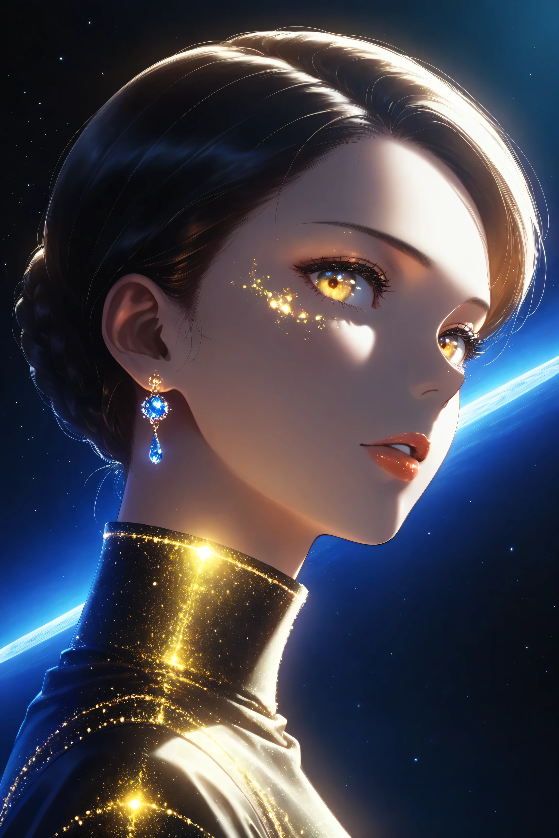 ((best quality)), ((masterpiece)), (detailed), perfect face, asian girl, surreal, sexy space clothes, in the illustrative style of moebius, spaceships, aliens, fantasy, sci-fi, graphic novel, line drawing, french retro, glowing gold eyes, eyes like jewels, eye focus, close up,