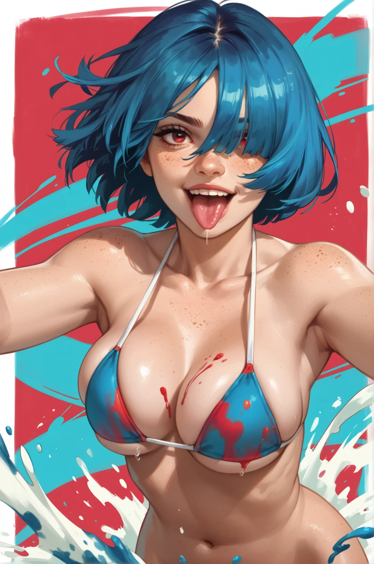 Anime style, source_anime, ((small round breasts)), (1 Girl), ((blue hair, medium and wavy hair)), pink eyes, double eyelids, light effect in the eyes, wide hips, naughty smile, ((hourglass hot perfect sexy body)), solo, best quality, masterpiece, portrait, flirting with viewer, sensual pose, detailed, perfect anatomy, detailed art, high definition, 4k , high resolution, in pool, ((crop top open underboob)), ((mini-shorts:1.24)), ((cum in face)), ((Ahegao face)),