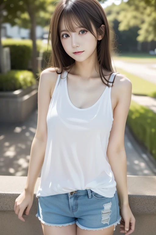 (masterpiece, Highest quality:1.2), One girl, alone, Are standing_Split, Long Hair, White sleeveless tank top, Blue Denim Shorts、Standing on one leg, masterpiece, anatomically correct, textured skin, high details, best quality, 16k