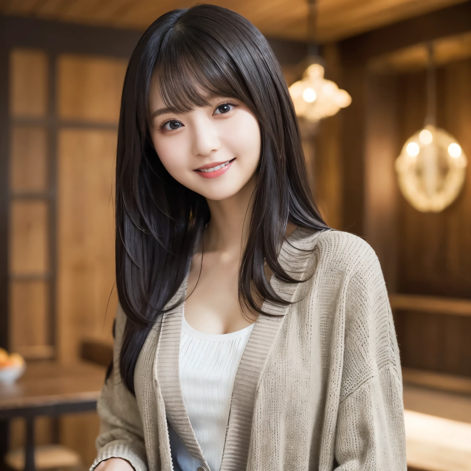 indoor, cardigan with hands, laugh happily, girl, busty, black hair, straight hair, bangs, 最高 Masterpiece, Lighting from the front, Masterpiece, top quality, Ultra Details, Finely Details , high resolution, 8k wallpapers, Perfect dynamic composition , beautiful eyes in every detail , natural color lip