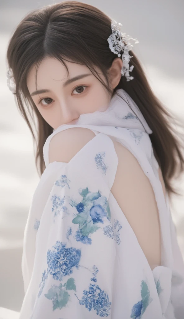 (A hyper-realistic), (illustratio), (hight resolution), (8K), (ighly detailed), (The best illustrations), (beatiful detailed eyes), (top-quality), (ultra-detailliert), (masterpiece), (wall-paper), (detailed face), droopy eyes,full of sweat,Upper body close-up,Armpit,short-hair,inner colored,solo,Girl in simple ski wear, japanes, Colossal tits、A smile, snow mountain