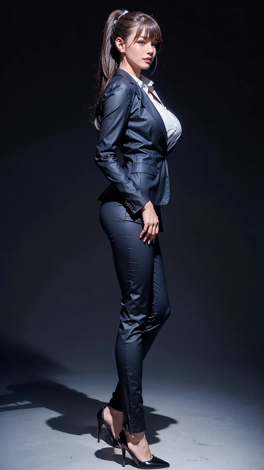 Gorgeous female gangster, pinstripe suit, full body shot, cleavage, navel