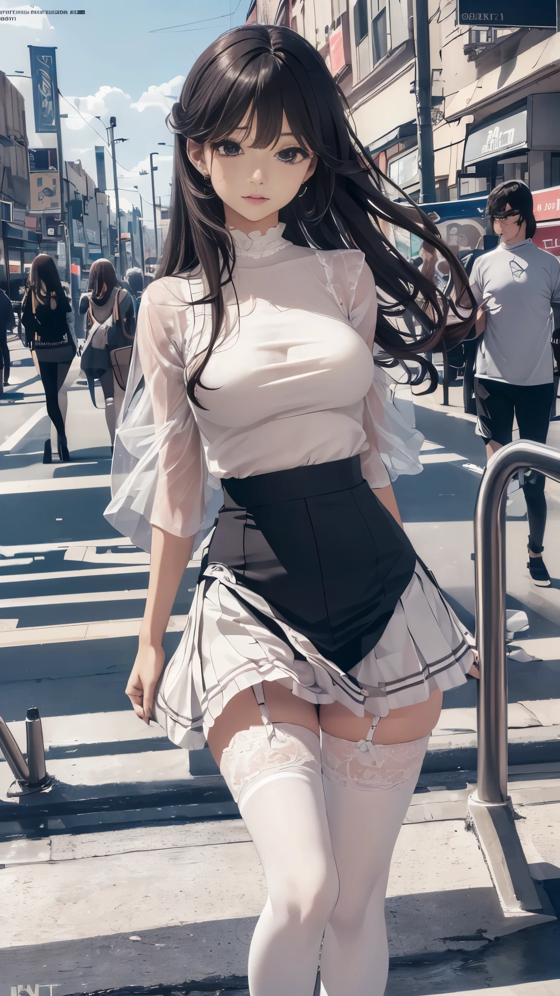 Adult beauties、No sleeve、big breasts、off shoulder、blush、knee high socks、Tight Skirt、skirt lift、amusement park、thin thighs、squat、spread your legs、white lace underwear、thin waist