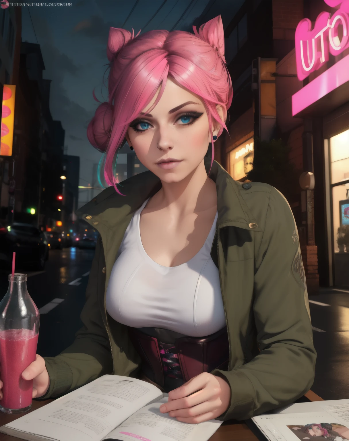 obtain, multicolored hair, hair bun , blue eyes, pink hair,
green jacket , White shirt with logo, jeweler's, smile,
Upper body, Lips, sitting , neckline,
city, night, neon lights,
( leather corset , beautiful detailed face , beautiful detailed eyes, masterpiece, The best quality )