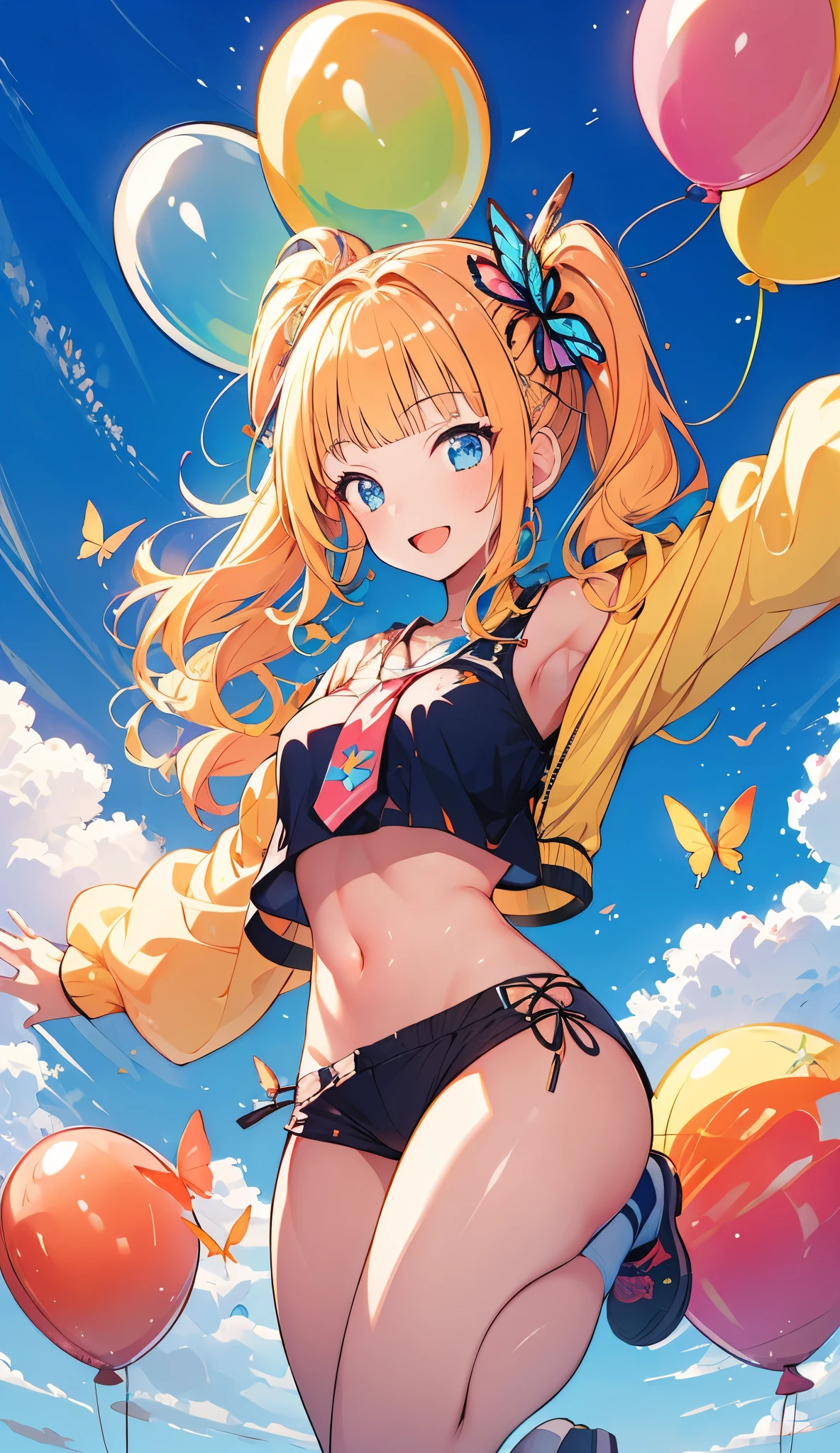masterpiece, best quality,1girl,jiaran,smile,wide eyed,open mouth,eye reflection,upper body,Butterfly tie hair band,ray tracing,Colorful balloons,Many balloons,blue sky,midday,sunny, full body