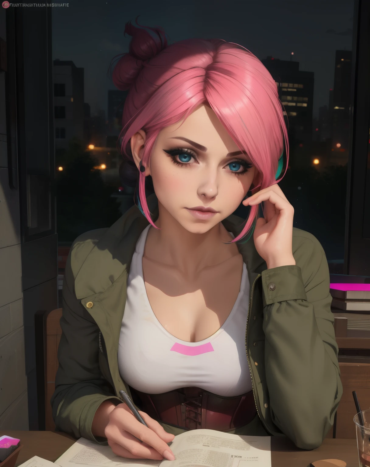 obtain, multicolored hair, hair bun , blue eyes, pink hair,
green jacket , White shirt with logo, jeweler's, smile,
Upper body, Lips, sitting , neckline,
city, night, neon lights,
( leather corset , beautiful detailed face , beautiful detailed eyes , masterpiece, The best quality )
