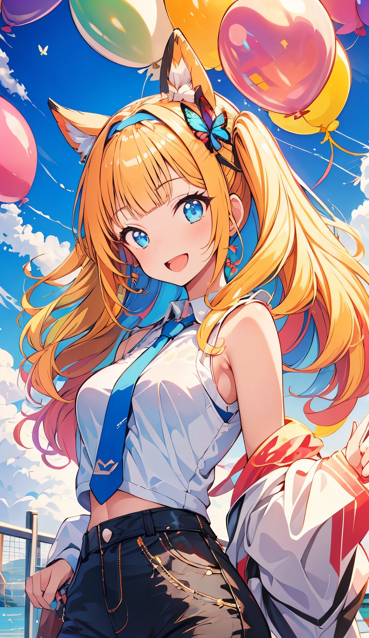 masterpiece, best quality,1girl,jiaran,smile,wide eyed,open mouth,eye reflection,upper body,Butterfly tie hair band,ray tracing,Colorful balloons,Many balloons,blue sky,midday,sunny, full body