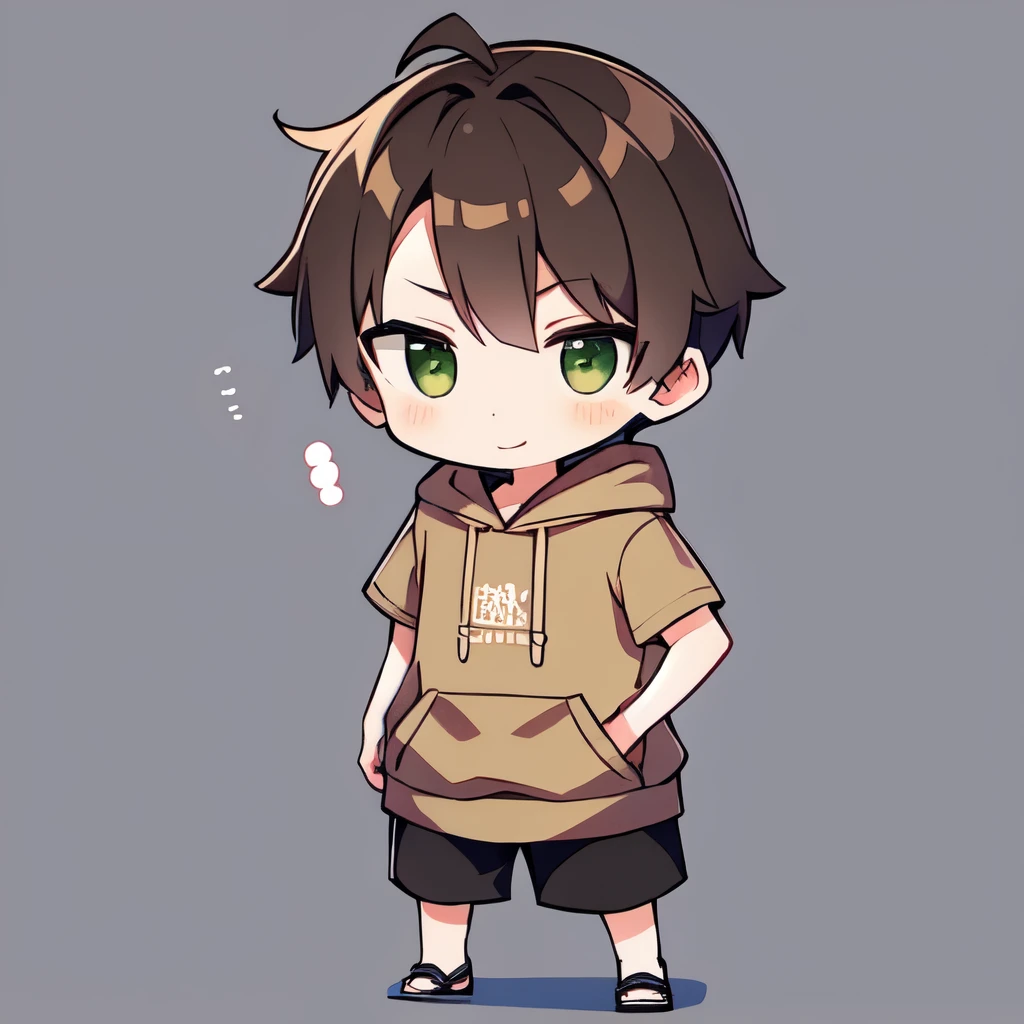 chibi, hair, Is wearing a brown hoodie, full body, Confident expression, mature, simple background,短hair,
One boy , alone, green eyes, happy,Brown hair, とてもshort hair , shirt, short_ sleeve,Belligerent, tall ,刈り上げたhair,センター分けのhair,とてもshorthair,((shorthair)),one boy