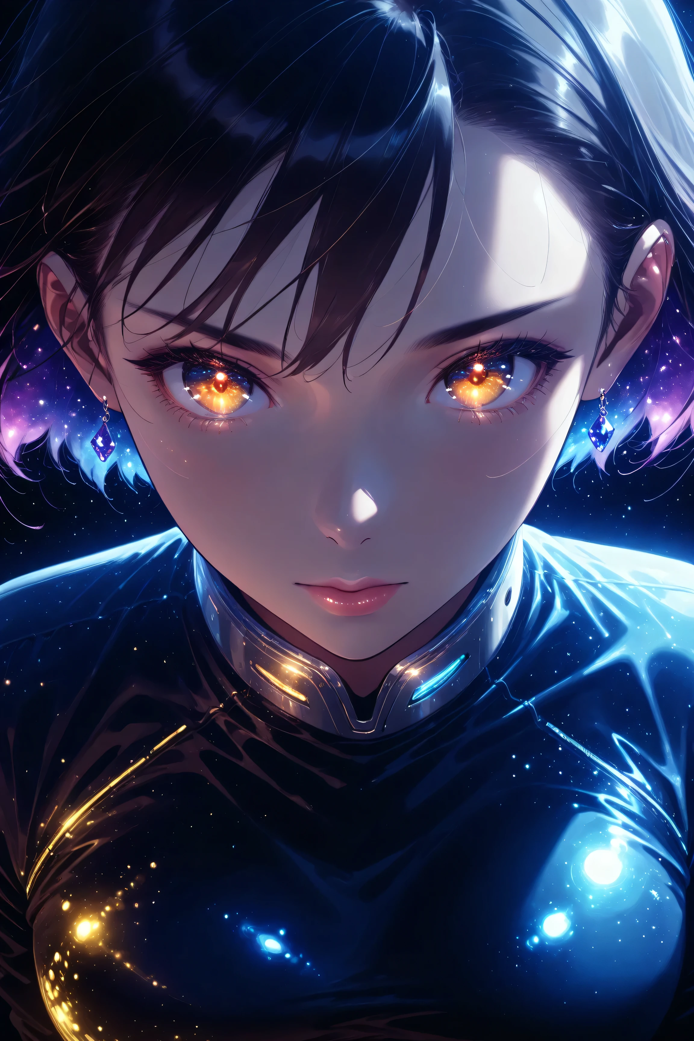 ((best quality)), ((masterpiece)), (detailed), perfect face, asian girl, surreal, sexy space clothes, in the illustrative style of moebius, spaceships, aliens, fantasy, sci-fi, graphic novel, line drawing, french retro, glowing gold eyes, eyes like jewels, eye focus, close up,