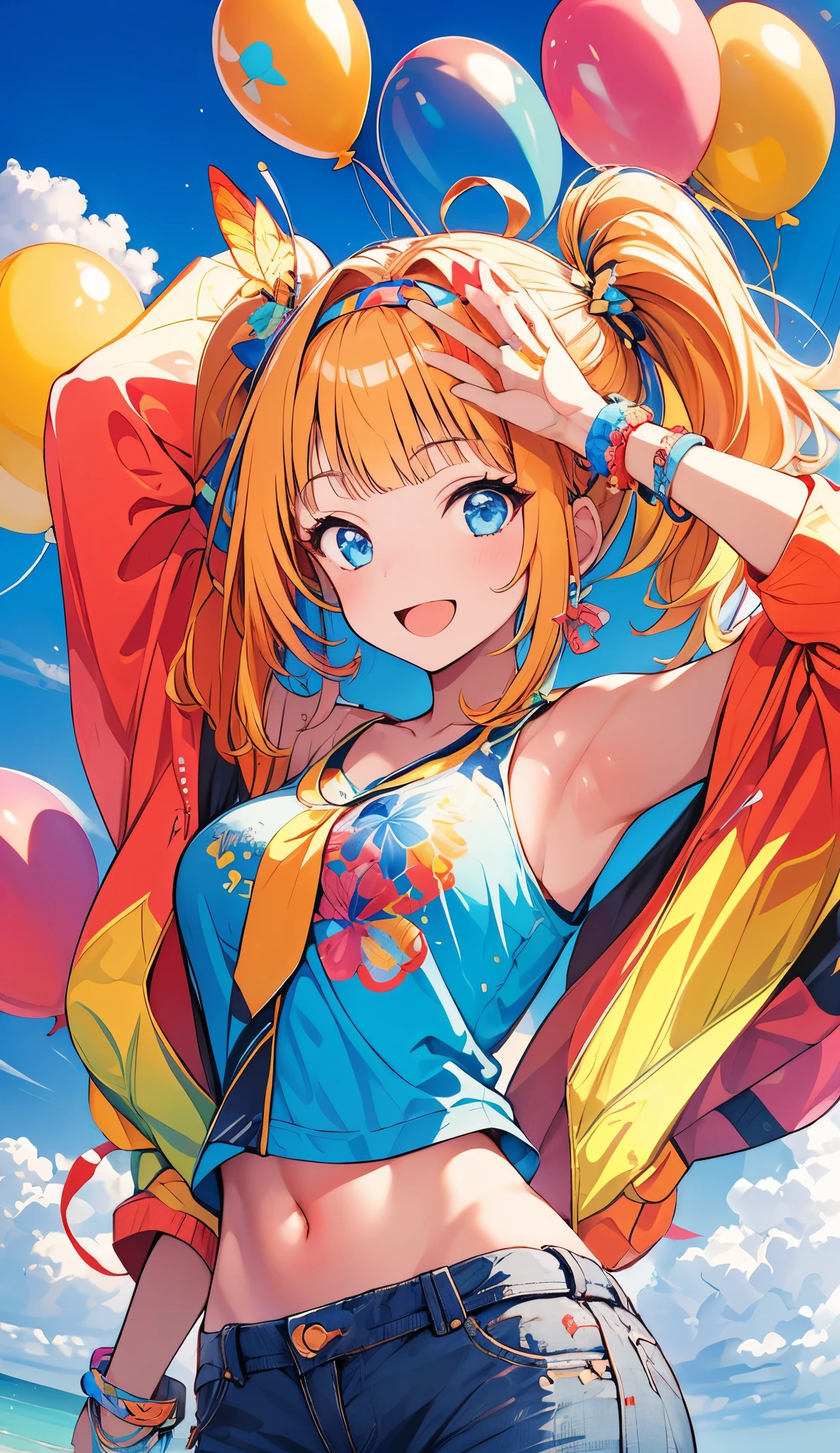 masterpiece, best quality,1girl,jiaran,smile,wide eyed,open mouth,eye reflection,upper body,Butterfly tie hair band,ray tracing,Colorful balloons,Many balloons,blue sky,midday,sunny, full body