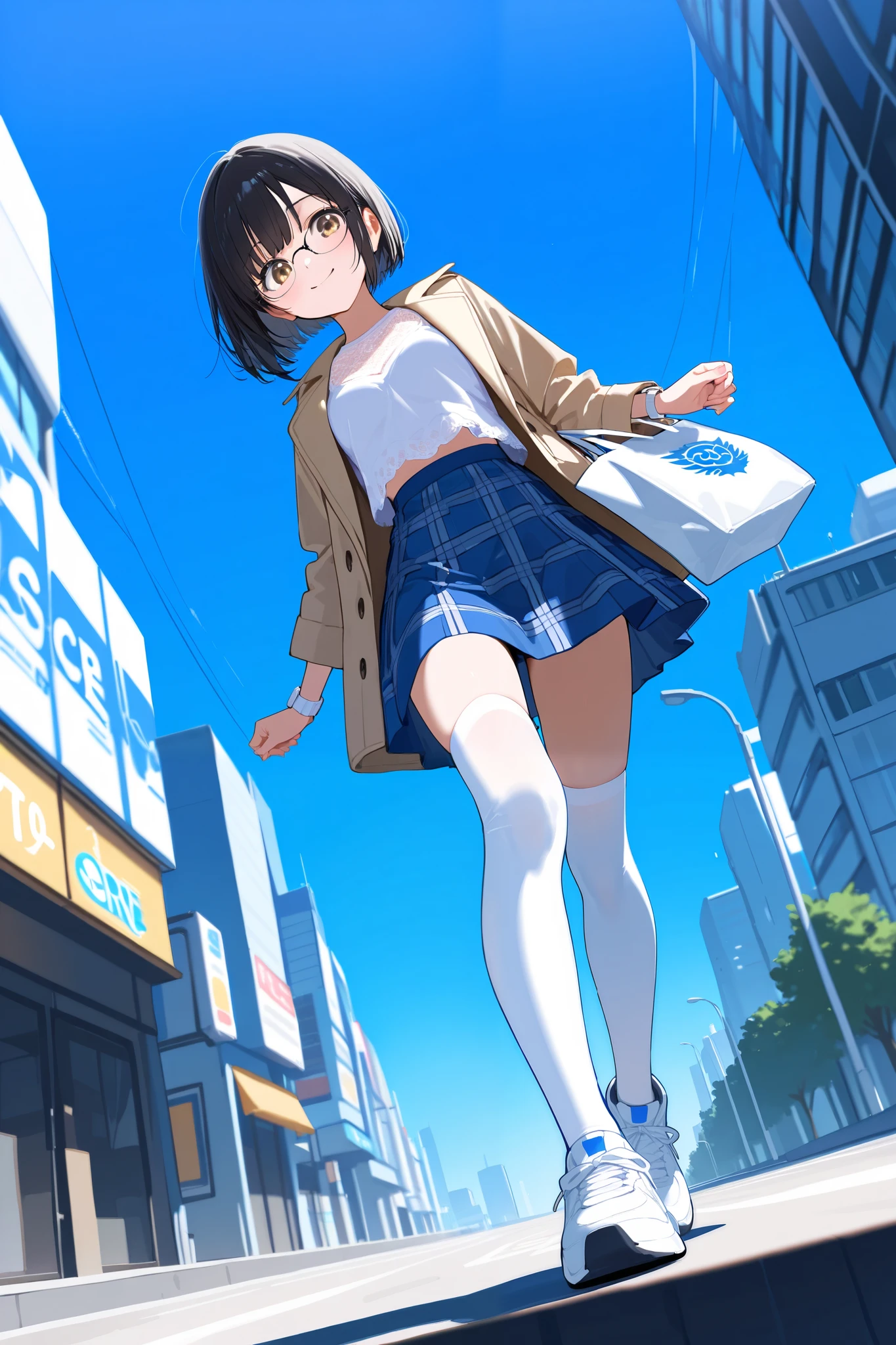 masterpiece, best quality, high quality, detailed, highly detailed, professional quality, BREAK, low angle, side angle, BREAK, 1girl, short stature, slim, short black hair, bob cut, glasses, (light brown eyes), BREAK, (flat breasts), BREAK, (grey cropped coat on white shirt), Lace shirt, (midriff peek : 0.8), BREAK, (check skirt : 1.2), blue skirt, BREAK, white sneakers with blue logo, white knee-high socks, BREAK, holding beige tote bag, white watch, BREAK, shy, smile, looking at viewer, walking, dynamic pose, BREAK, blue sky, city, bustling Tokyo street