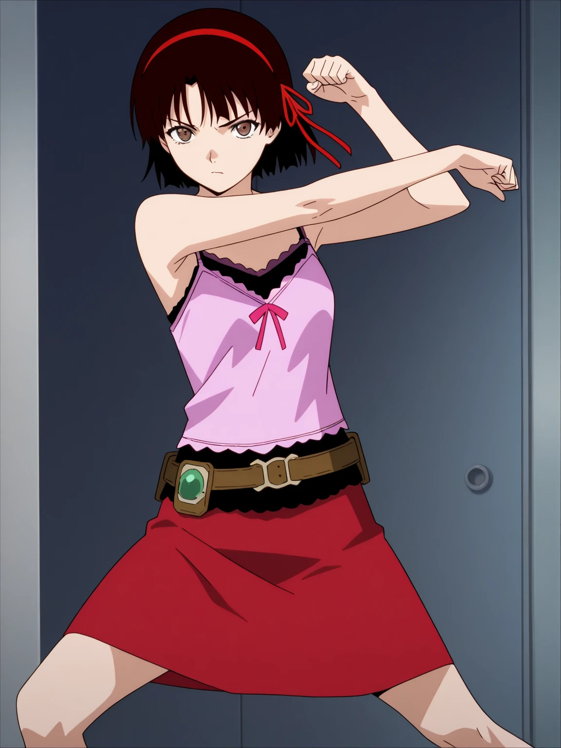 masterpiece, <lora:ReikaChang002:0.7>, <lora:add_detail:0.5>, <lora:noline:0.3>, <lora:boldline:-0.3>, reikachang, 1girl, brown hair, short hair, brown eyes, sexy, pose, photoshoot, 1990s style, (long shot: 1.2), <lora:edgPunkSkirt:0.7> edgpskirt, skirt, black, chain, belt
