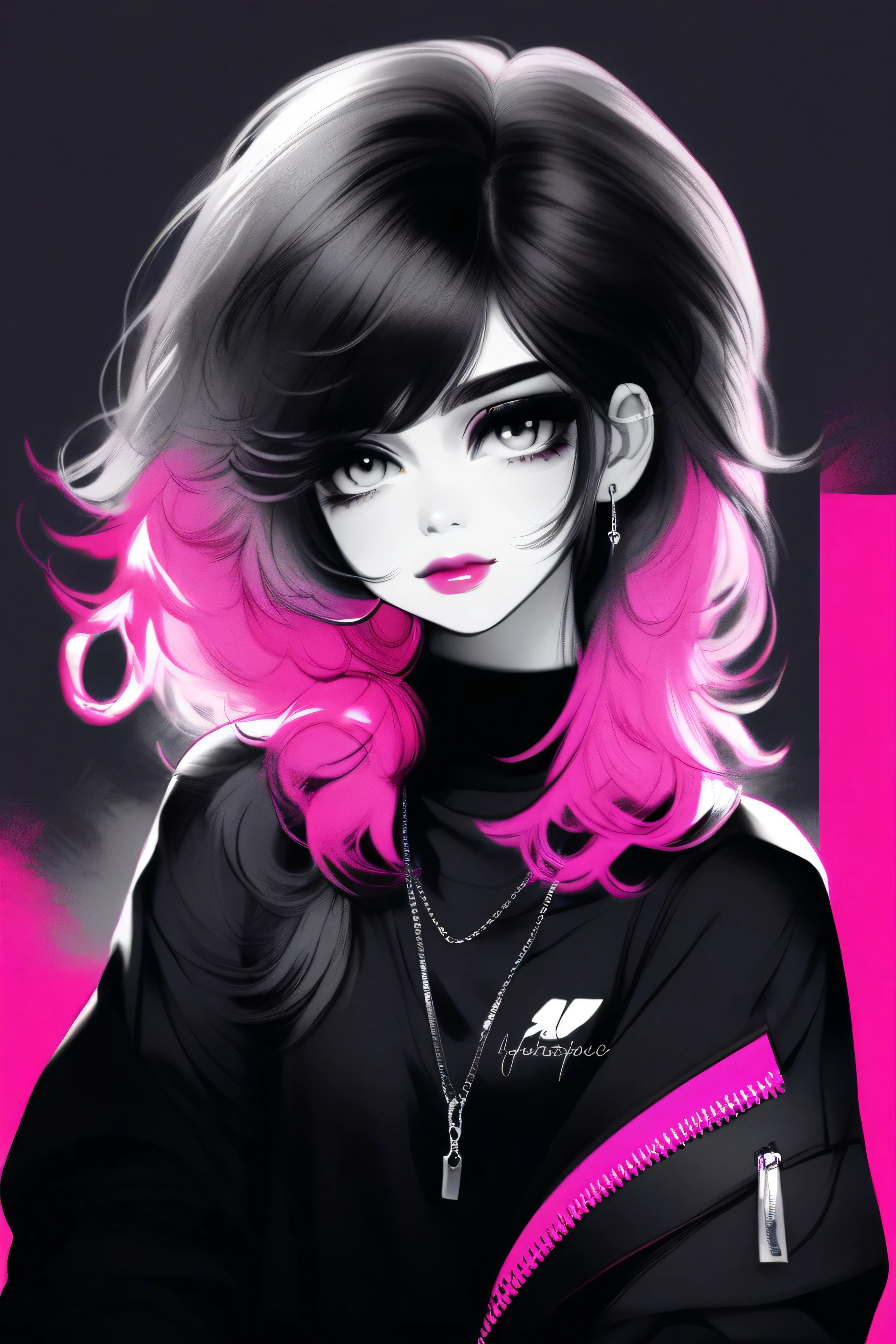 illustrator, anime , realistic ,sketch , 1 girl, ,lip, sweater,order, black and white mix gradient background, neon black and pink highlight hair,Textured trim, Canadian, (masterpiece,Best quality)