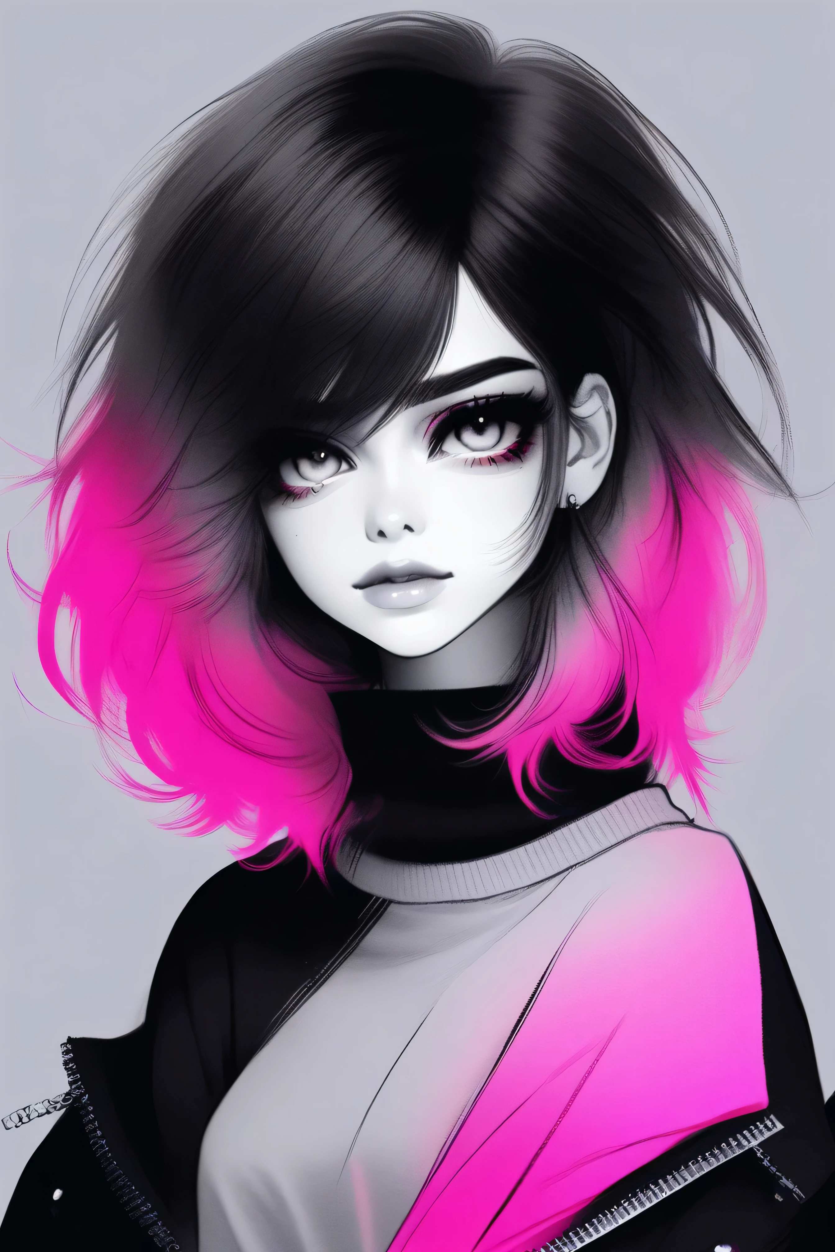 illustrator, anime , realistic ,sketch , 1 girl, ,lip, sweater,order, black and white mix gradient background, neon black and pink highlight hair,Textured trim, Canadian, (masterpiece,Best quality)
