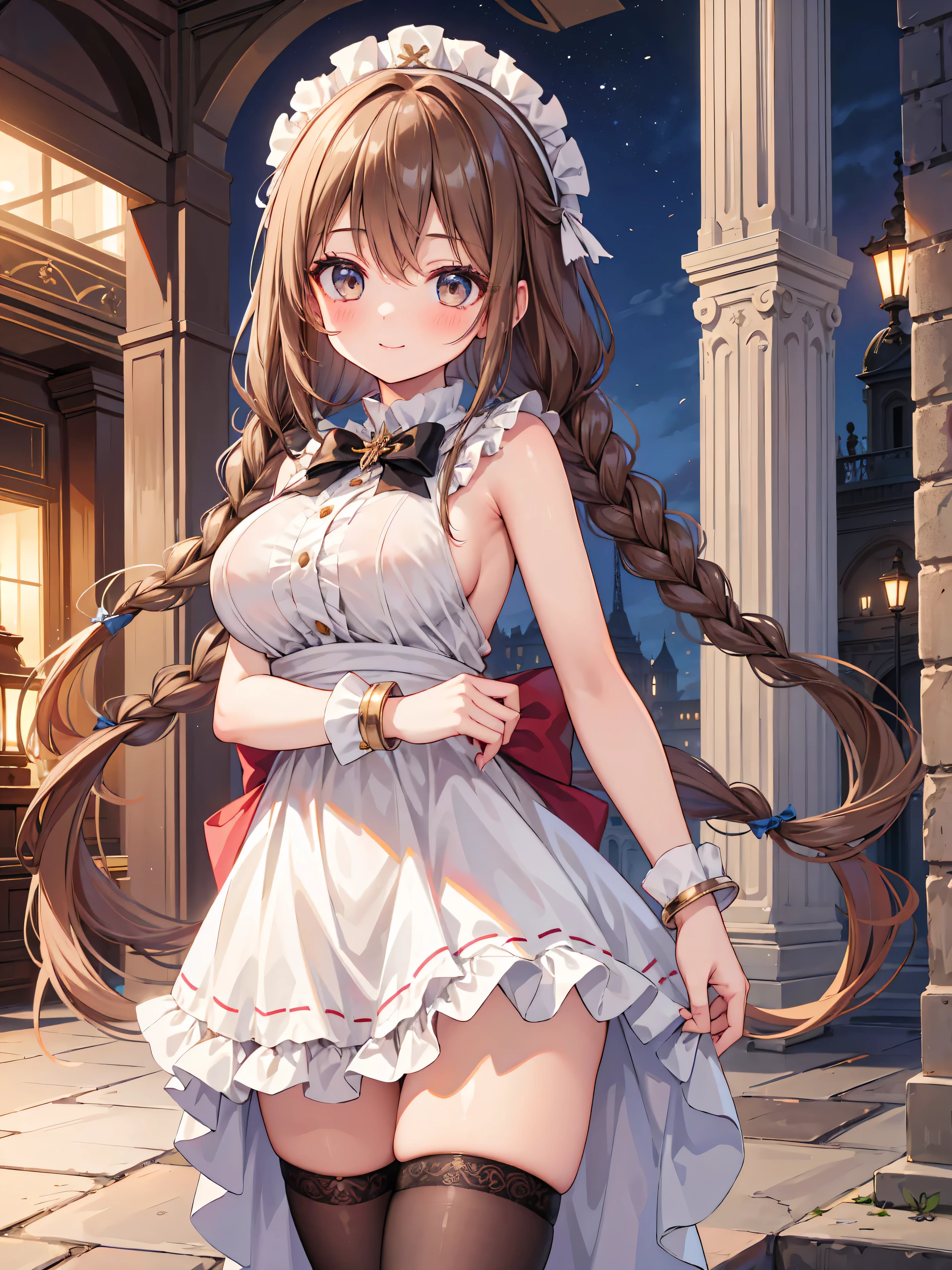 Highly detailed, high quality, masterpiece, beautiful, (all photo shooting), girl student girl, perfect eyes, light brown eyes, light eyes, blushing face, smiling, big thighs, medium breast, long hair, light brown hair, with bracelet in hand, bow in hair, with flower headband, with long braids, white skin, with Mexican costume, short mini skirt, with sexy black stockings, shows full panties, with buttocks exposed, background image on the Eiffel Tower