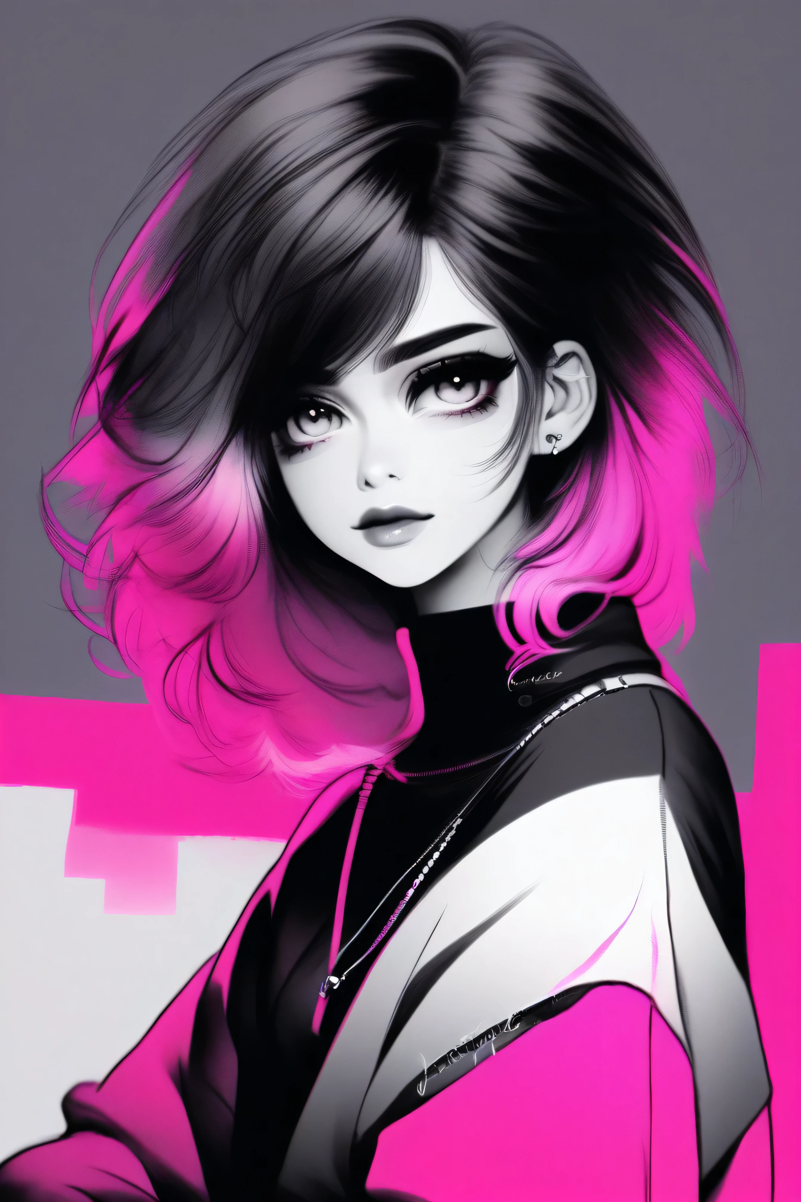 illustrator, anime , realistic ,sketch , 1 girl, ,lip, sweater,order, black and white mix gradient background, neon black and pink highlight hair,Textured trim, Canadian, (masterpiece,Best quality), dream world