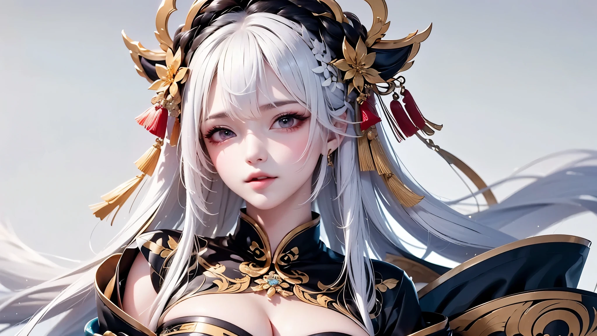 super high quality, masterpiece, Perfect illustration, Very detailed:1.6, white barance, 2.8D illust, 1girl, 23 years old, cute girl, white hair, sharp and big beautiful eyes, small , bright skin. fantasy royalty, onmyoji, majesty, asian dress. black and gold clothes. simple background, white background, white dust. hanbok、Chinese royal clothing