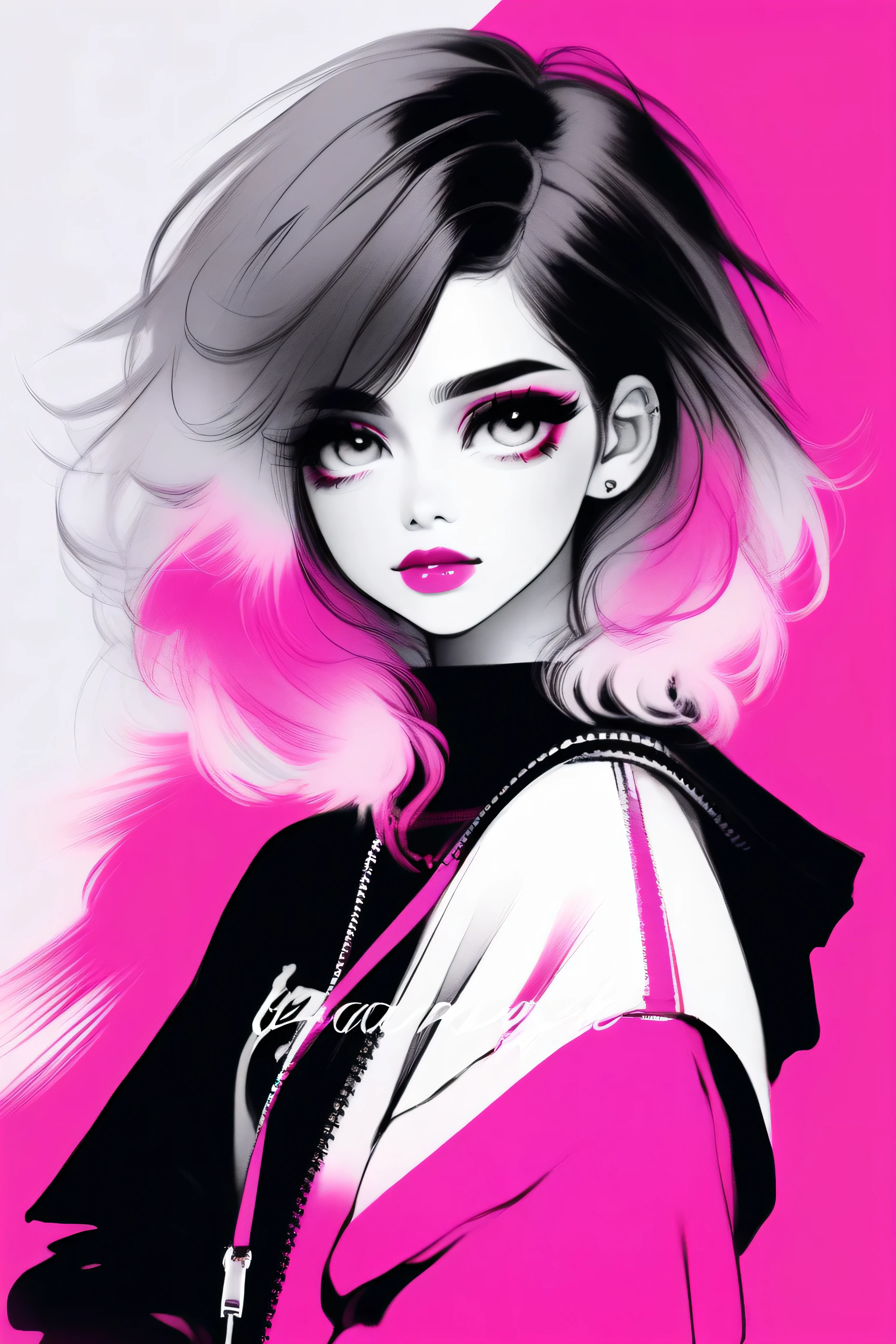 illustrator, anime , realistic ,sketch , 1 girl, ,lip, sweater,order, black and white mix gradient background, neon black and pink highlight hair,Textured trim, Canadian, (masterpiece,Best quality), dream world