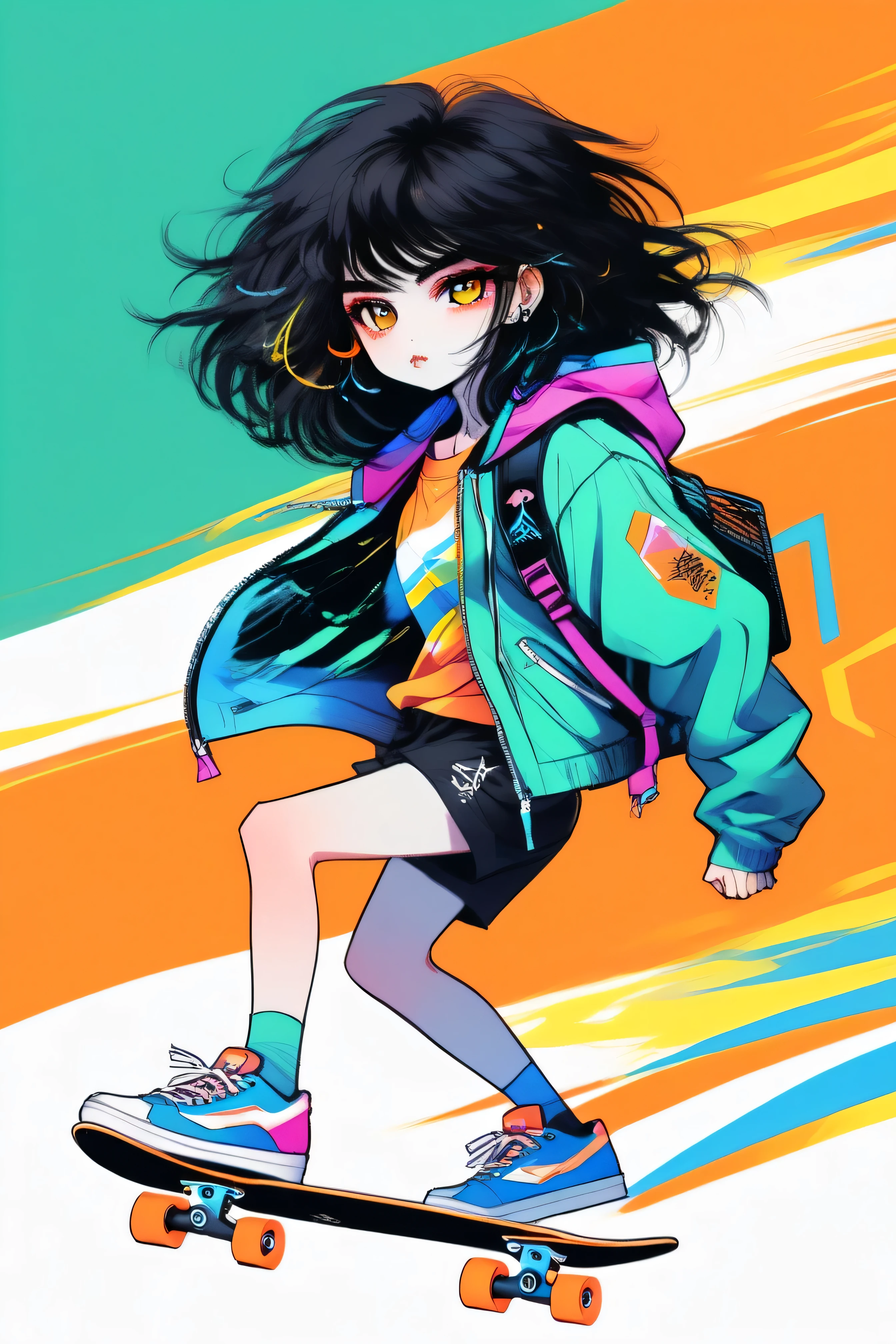 "A dynamic anime-style illustration of a young girl skateboarding against a vibrant orange background. She has flowing black hair, expressive eyes, and wears a colorful jacket with bright hues of blue, pink, and yellow. Her outfit includes sporty shorts and stylish sneakers. She is in mid-air, striking a confident pose while holding a skateboard with a modern design, featuring a green deck and colorful wheels. The scene is full of motion lines, giving a sense of speed and energy. The lighting is soft and highlights the character's expressive face and detailed clothing."