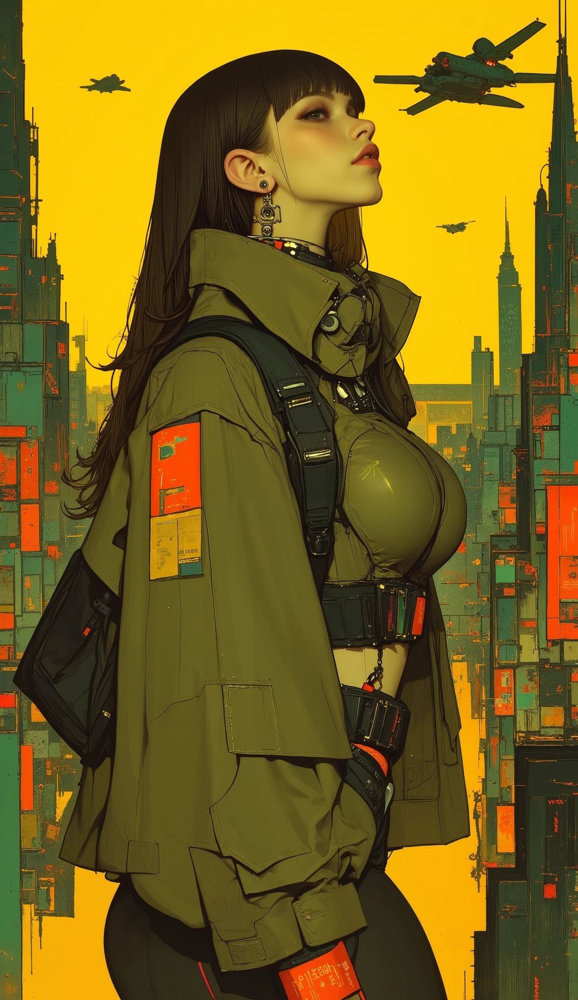 a woman dressed in an olive green outfit posing for a photo, photograph of a woman wearing technological clothing , cargo pants. CYBERPUNK CITY, Yellow spacesuit, yellow mono, Female main character, Cyberpunk 20 years. or girl model , Renderizado 3D, character art , 8K, Loba Andrade from Apex Legends, cyberpunk suit, cyberpunk fashion illustration , official character art , black background