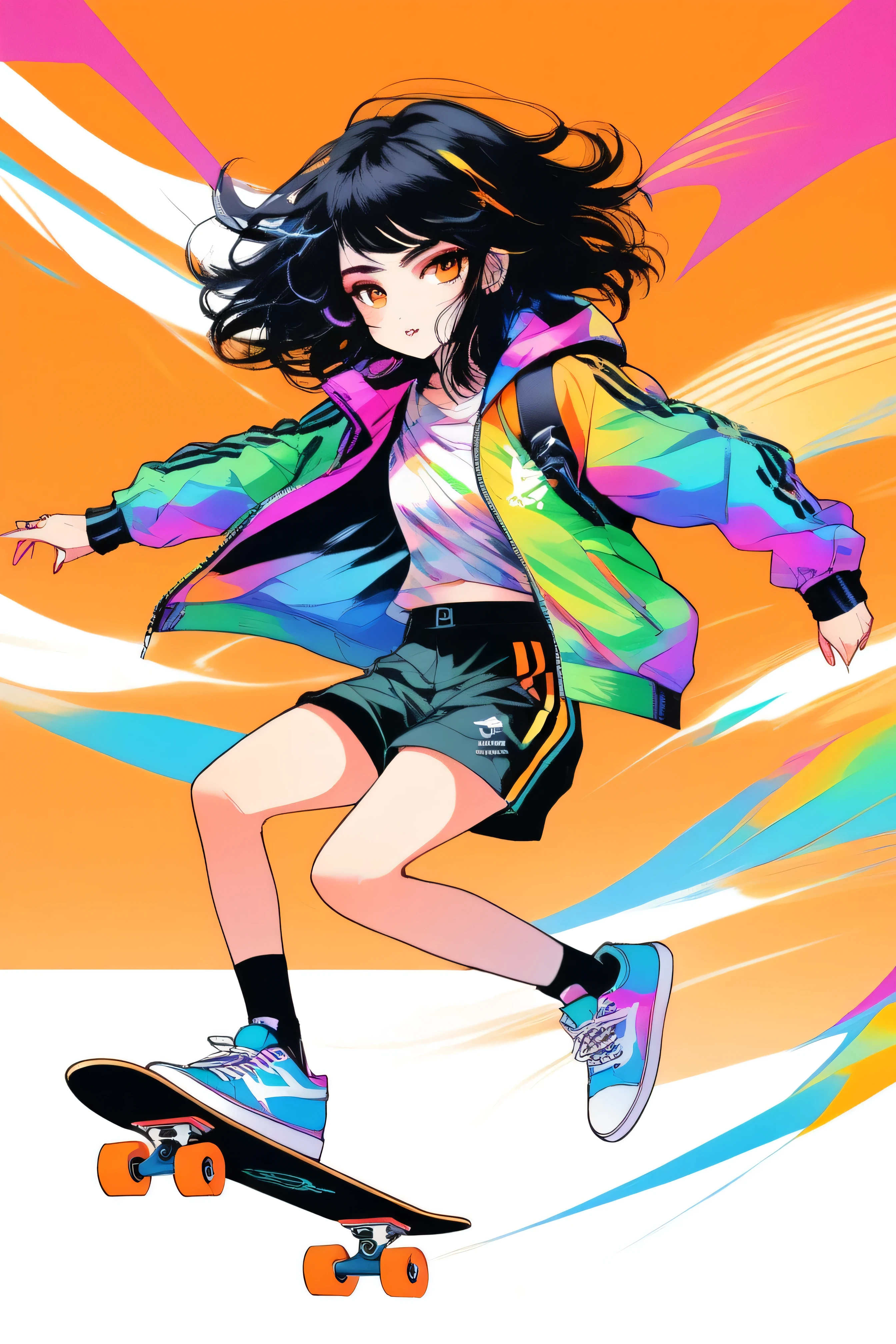 "A dynamic anime-style illustration of a young girl skateboarding against a vibrant orange background. She has flowing black hair, expressive eyes, and wears a colorful jacket with bright hues of blue, pink, and yellow. Her outfit includes sporty shorts and stylish sneakers. She is in mid-air, striking a confident pose while holding a skateboard with a modern design, featuring a green deck and colorful wheels. The scene is full of motion lines, giving a sense of speed and energy. The lighting is soft and highlights the character's expressive face and detailed clothing."