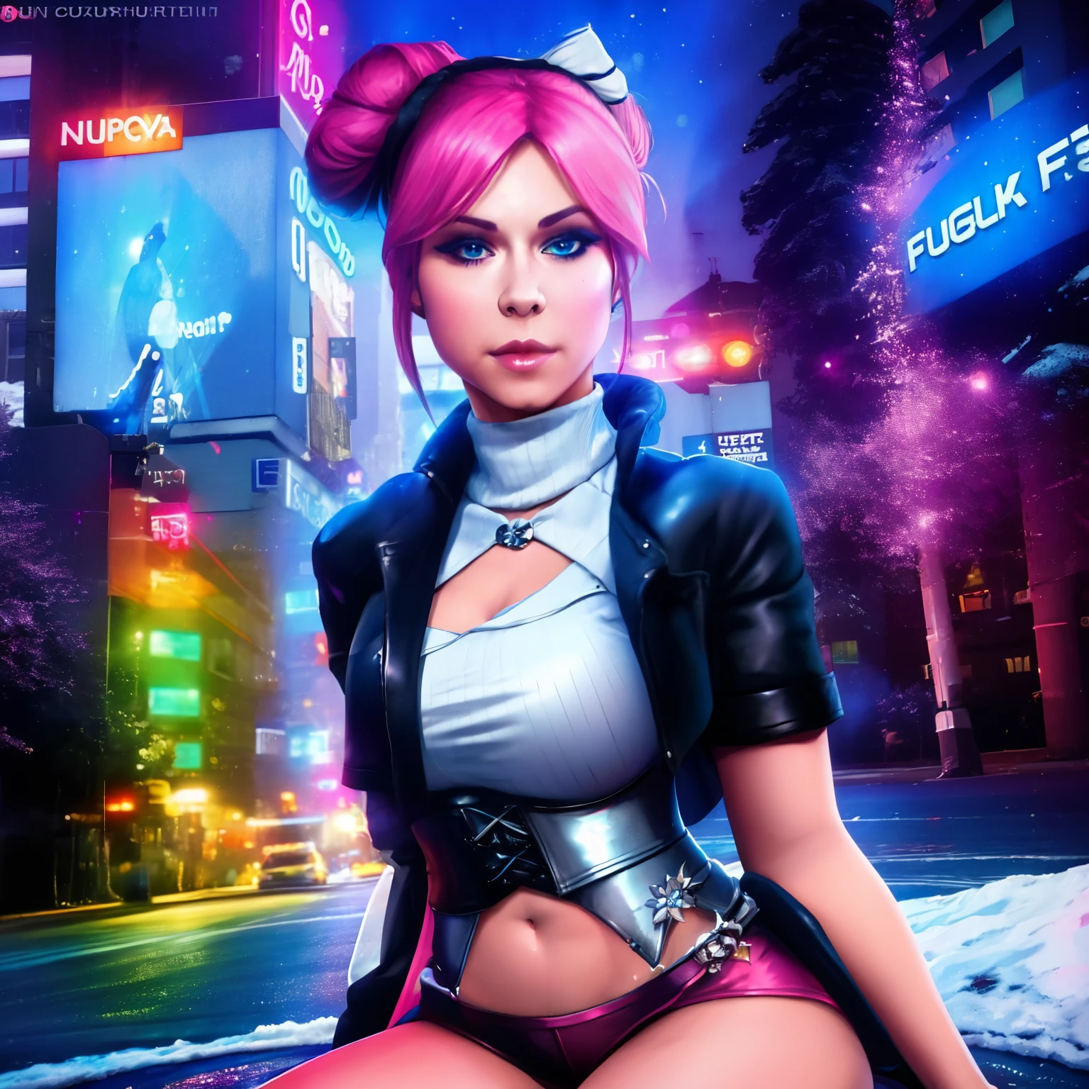 obtain, multicolored hair, hair bun , blue eyes, pink hair,
With Luna's clothes_snow ( short black leather jacket with blue turtleneck, a white and blue , you can see her navel), jeweler's, smile, anime-style, Marvel Rivals style
upper part of the body, Lips, sitting , neckline,
city, night, neon lights,
( leather corset , beautiful detailed face , beautiful detailed eyes, masterpiece, the best quality )