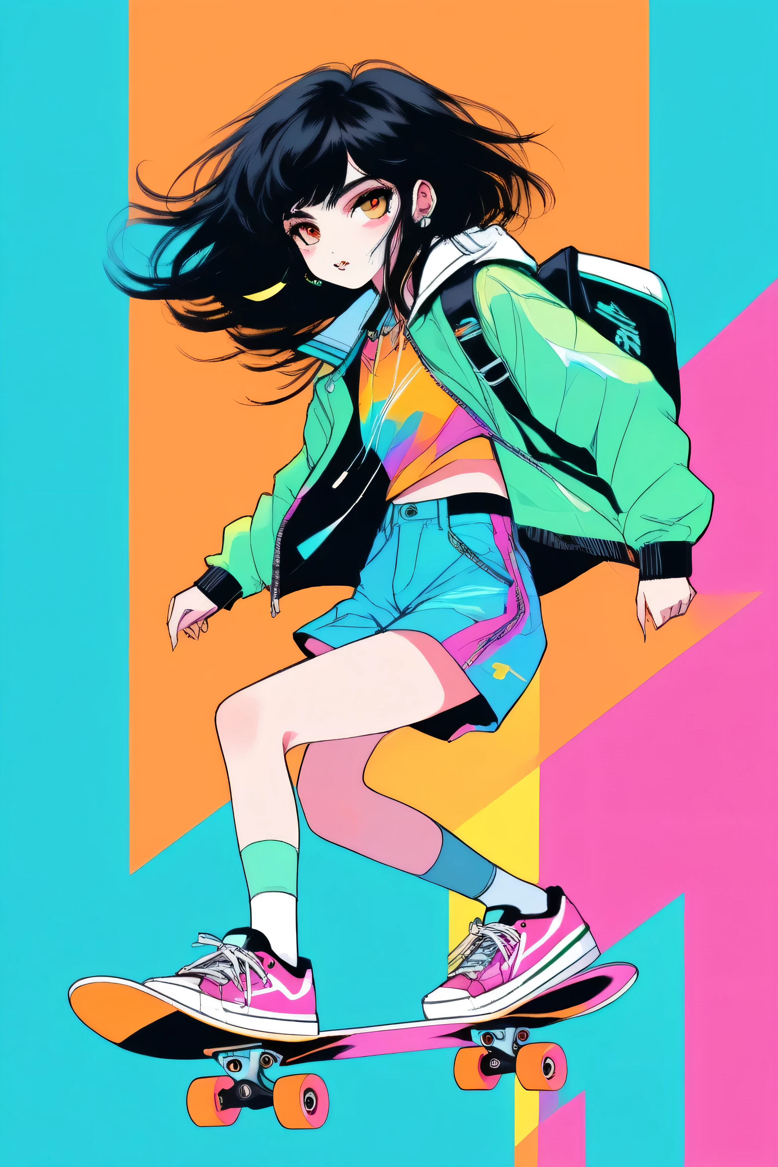 "A dynamic anime-style illustration of a young girl skateboarding against a vibrant orange background. She has flowing black hair, expressive eyes, and wears a colorful jacket with bright hues of blue, pink, and yellow. Her outfit includes sporty shorts and stylish sneakers. She is in mid-air, striking a confident pose while holding a skateboard with a modern design, featuring a green deck and colorful wheels. The scene is full of motion lines, giving a sense of speed and energy. The lighting is soft and highlights the character's expressive face and detailed clothing."