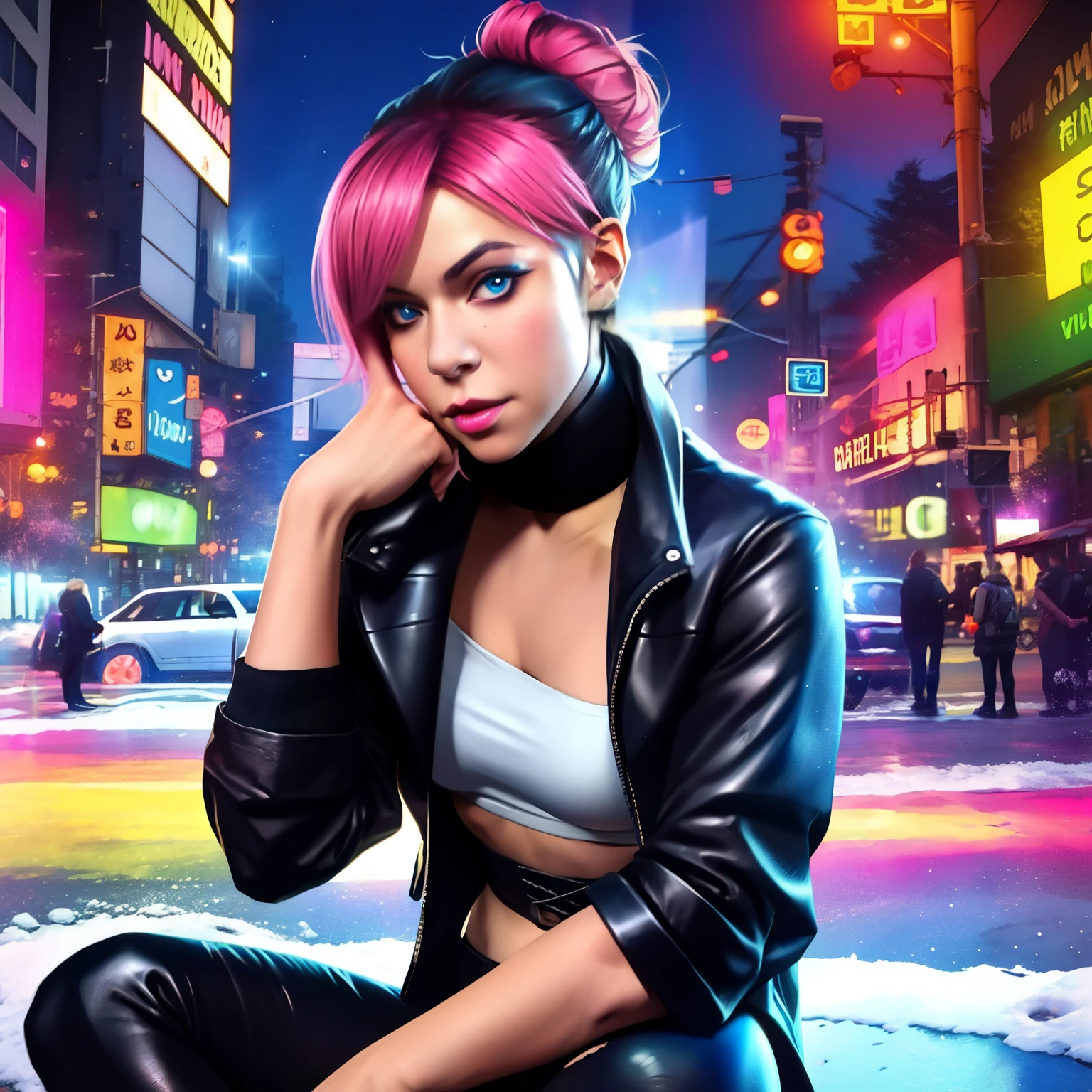 obtain, multicolored hair, hair bun , blue eyes, pink hair,
With Luna's clothes_snow ( short black leather jacket with blue turtleneck, a white and blue , you can see her navel), jeweler's, smile, anime-style, Marvel Rivals style top
upper body , Lips, sitting , neckline,
city, night, neon lights,
( leather corset , beautiful detailed face , beautiful detailed eyes , masterpiece, The best quality )