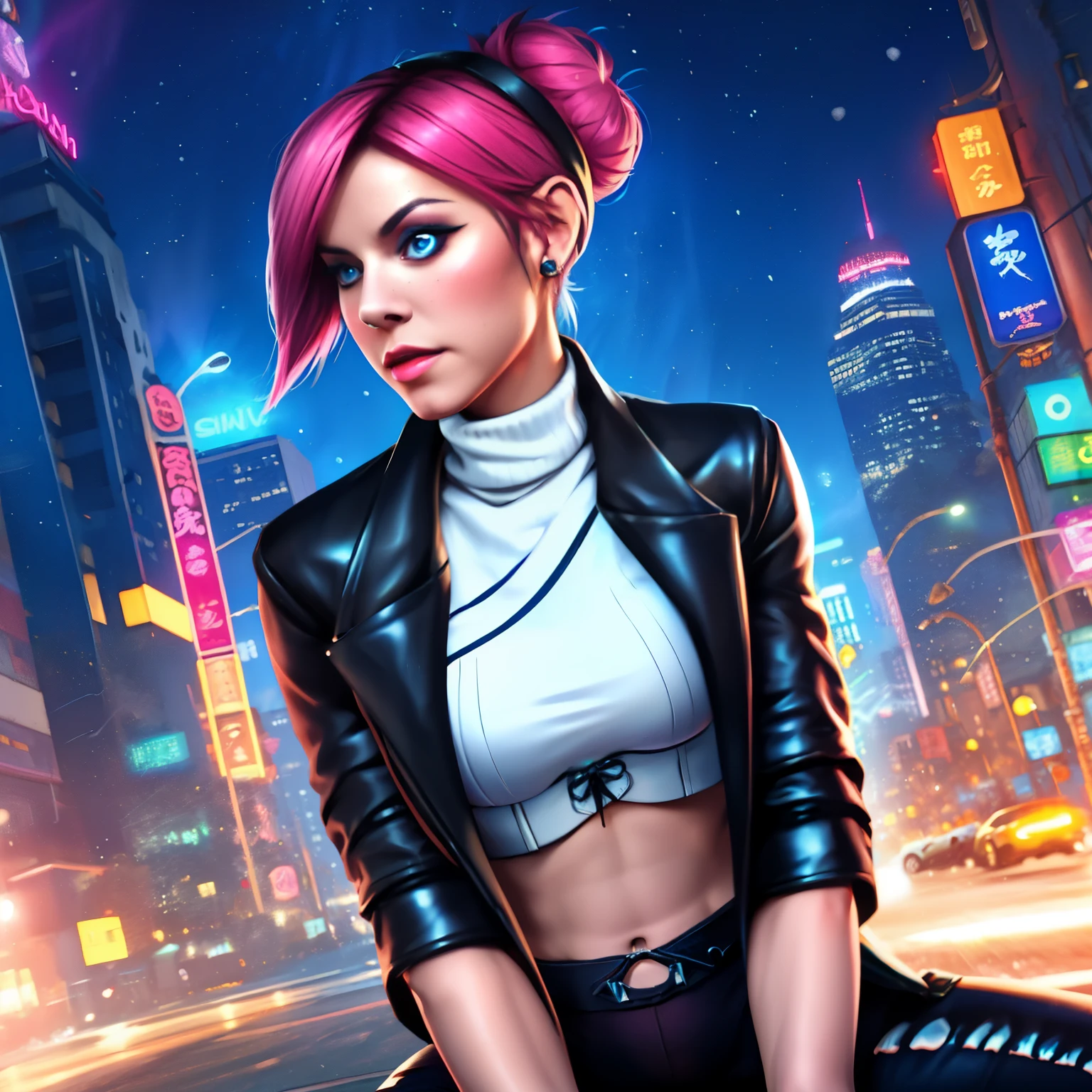 obtain, multicolored hair, hair bun , blue eyes, pink hair,
With Luna's clothes_snow ( short black leather jacket with blue turtleneck, a white and blue , you can see her navel), jeweler's, smile, anime-style, Marvel Rivals style
upper part of the body, Lips, sitting , neckline,
city, night, neon lights,
( leather corset , beautiful detailed face , beautiful detailed eyes, masterpiece, the best quality )