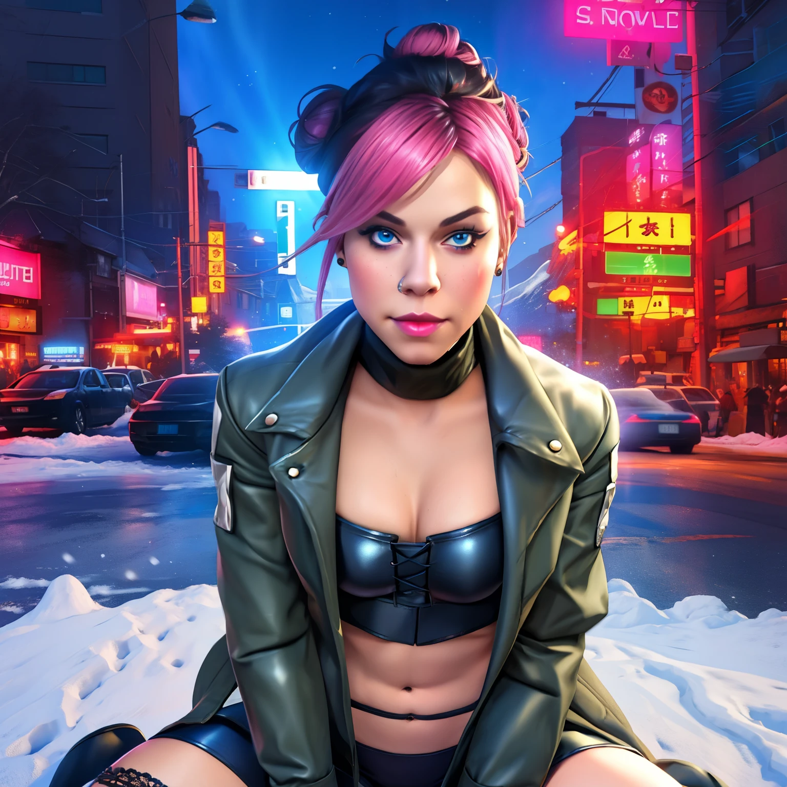 obtain, multicolored hair, hair bun , blue eyes, pink hair,
With Luna's clothes_snow ( short black leather jacket with blue turtleneck, a white and blue , you can see her navel), jeweler's, smile, anime-style, Marvel Rivals style top
upper body , Lips, sitting , neckline,
city, night, neon lights,
( leather corset , beautiful detailed face , beautiful detailed eyes, masterpiece, The best quality )