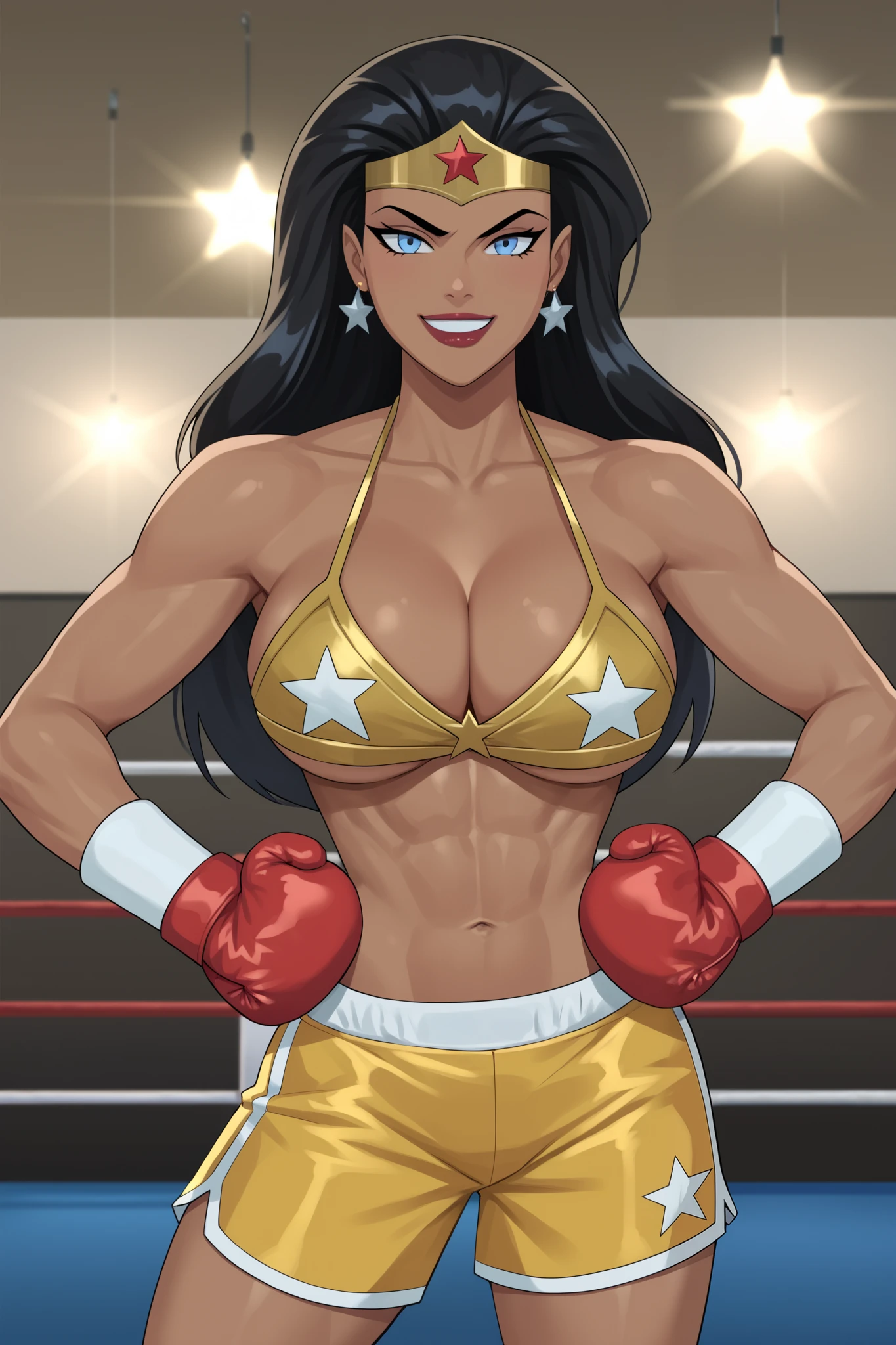 PonyXLV6_Scores BREAK ((parody), perfect anatomy, perfect eyes, cowboy shot), BREAK diana prince, long hair, black hair, blue eyes, lipstick, dark-skinned female, flirting, raised eyebrow, ((looking at viewer)), bare shoulders, cleavage, gold boxing gloves, gold boxing shorts , jewelry, st ar earrings, tiara, star print, large breasts, curvy, toned, athletic, boxing ring, gym, indoors, gold bikini top, muscles, smiling, hands on hips 