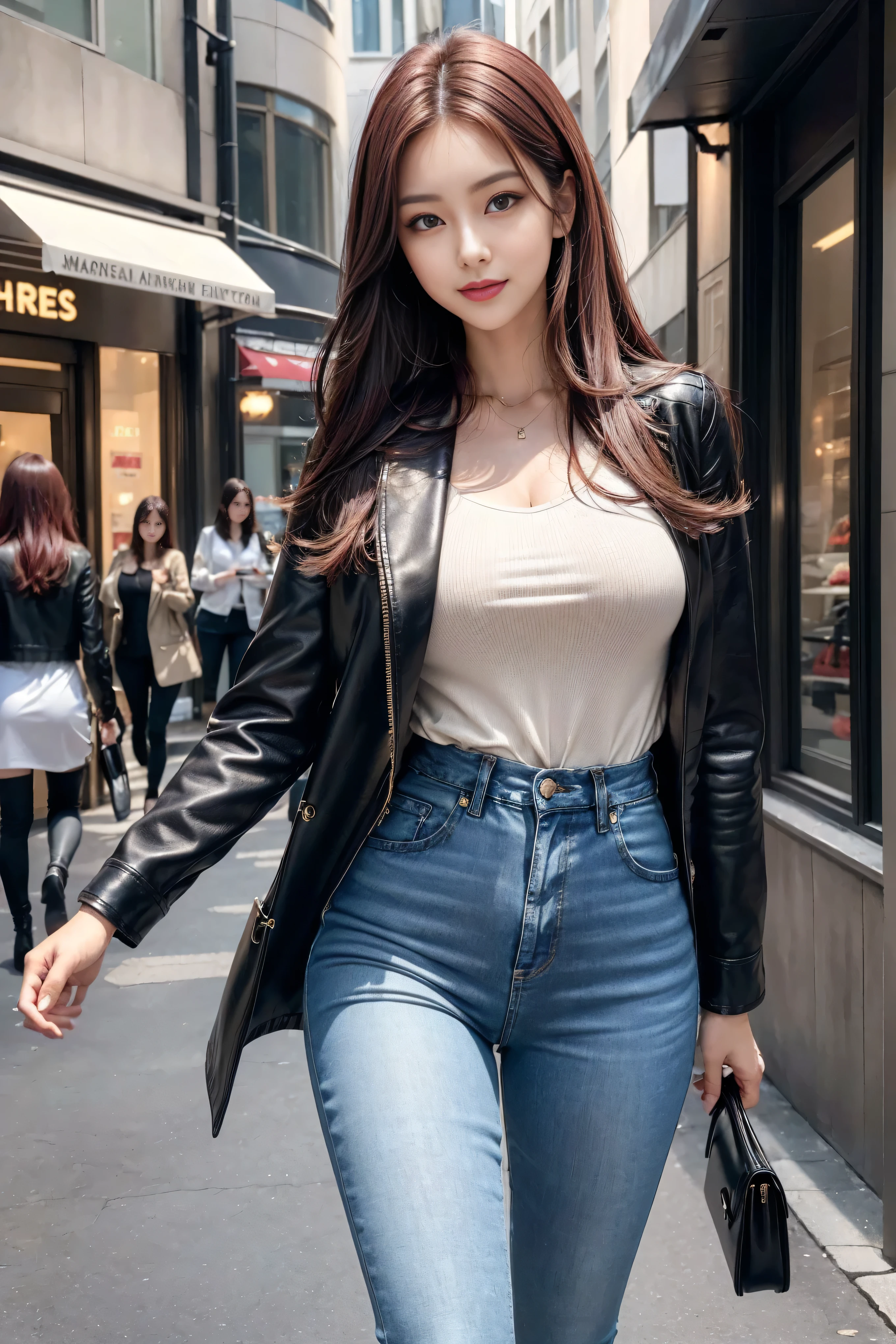 ((Realistic lighting, best quality, 8K, masterpiece:1.3)), Lock focus:1.2, 2 girls, Beautiful Women in Perfect Shape:1.4, : Beautiful Korean girl, Korean Idol，Leg length，(Pale skin), (big eyes),（Smile：0.8），（Plump and sexy lips）， Complex and detailed face, ((Super delicate skin))，Delicate face，Super thin face，Squinting，Double eyelids，((Dark red hair)), (Open collar shirt）,Background Shibuya street，Large depth of field，Super thin face，Squinting，Double eyelids，（Start from below：1.attitude，（Medium chest：1.2），Sexy long legs， （Thigh gap：1.5），Wide hips，S-Shaped Body， Hip lift，Leg length，Light blue skinny jeans，Full body proportions from the front，Long over-the-knee leather boots，
