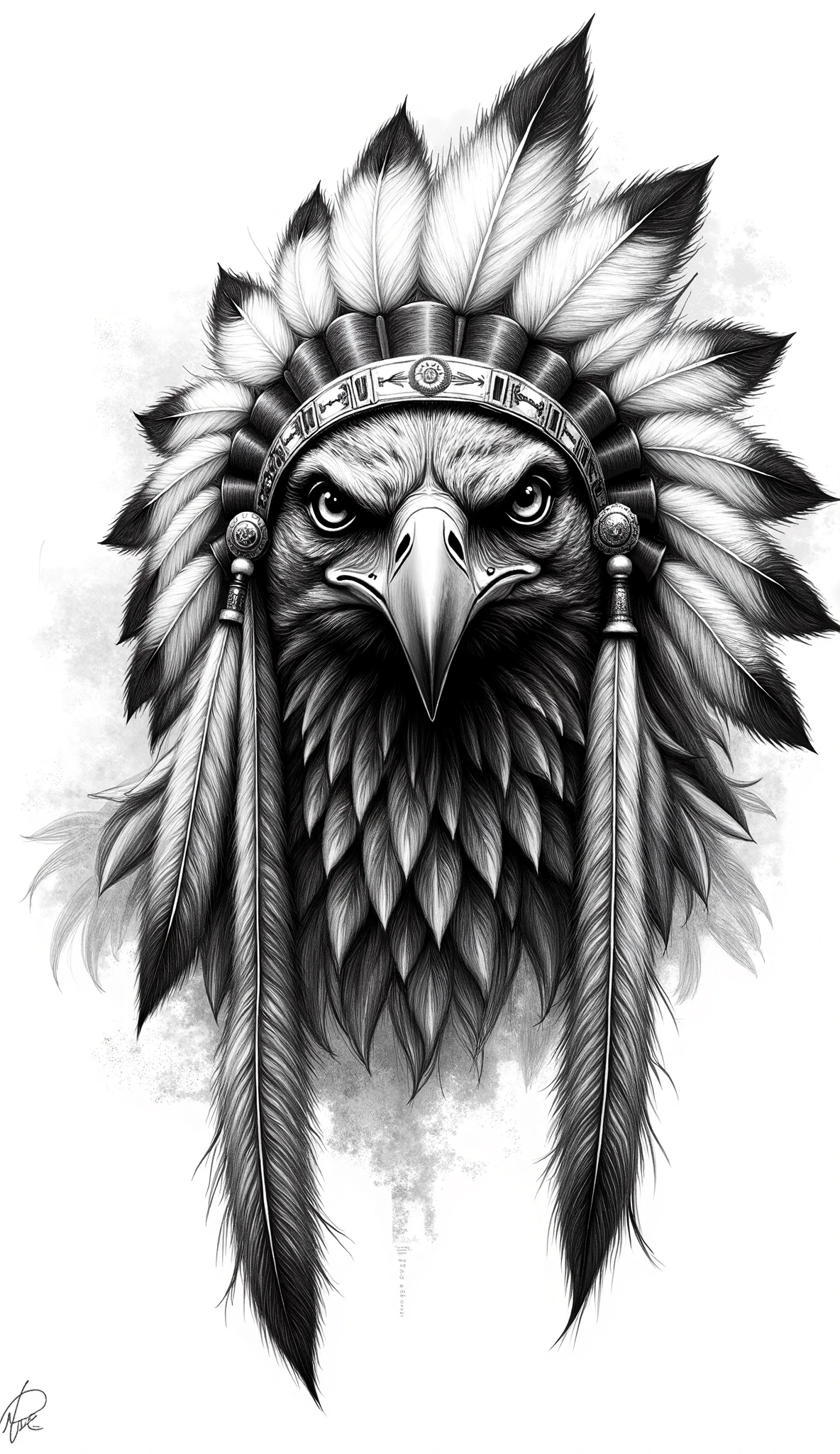 create an image of an eagle, the eagle is looking at the viewer, detailed image showing only the eagle's head, the eagle wears an Indian headdress, art based on tattoo art, black and white tattoo image, black and white tattoo art white, realism tattoo, tattoo art pinterest, high quality, premium art