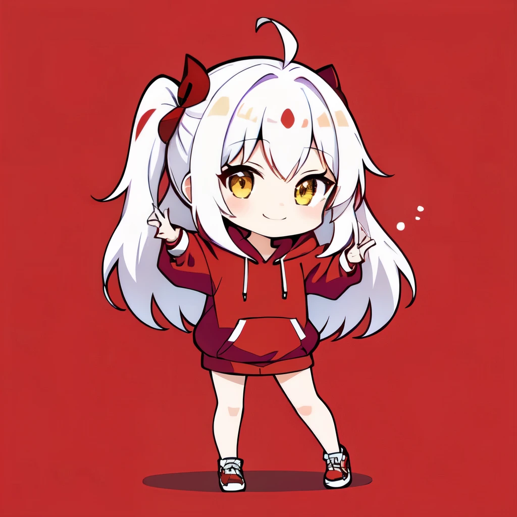 chibi, hair, She is wearing a red hoodie, full body, smile, simple background,dancing
1 girl ,Alone, yellow eyes, happy,White hair, red long hair, 前hair, 長いhair, tall ,3Life size, mature