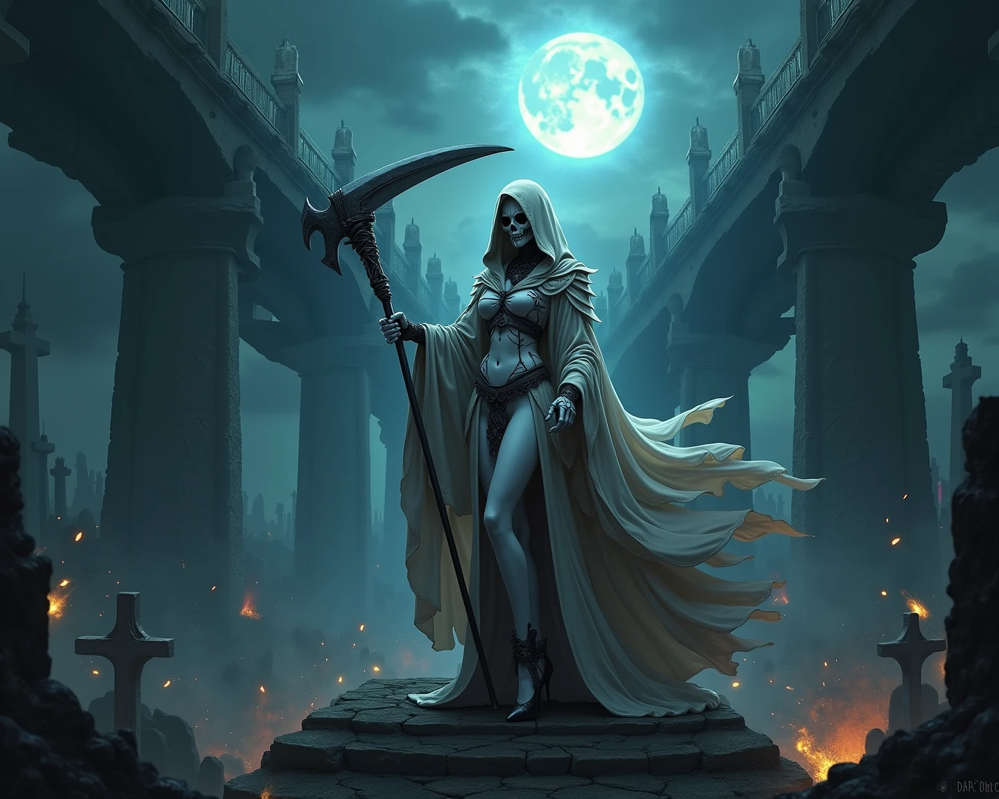 (Monochrome Grayscale: 1.2), A Gigantic Grim Reaper, Midnight Battlefield, Massive Scythe (Crescent Moon: 1.2), Pale, Fully Clothed, Overwhelmingly Busty, Standing with a Dominant Stance, Full-Body Shot, Front View from Below, Dark and Dramatic Cinematic Lighting, Covered Breasts Under a Mantle of Shadows