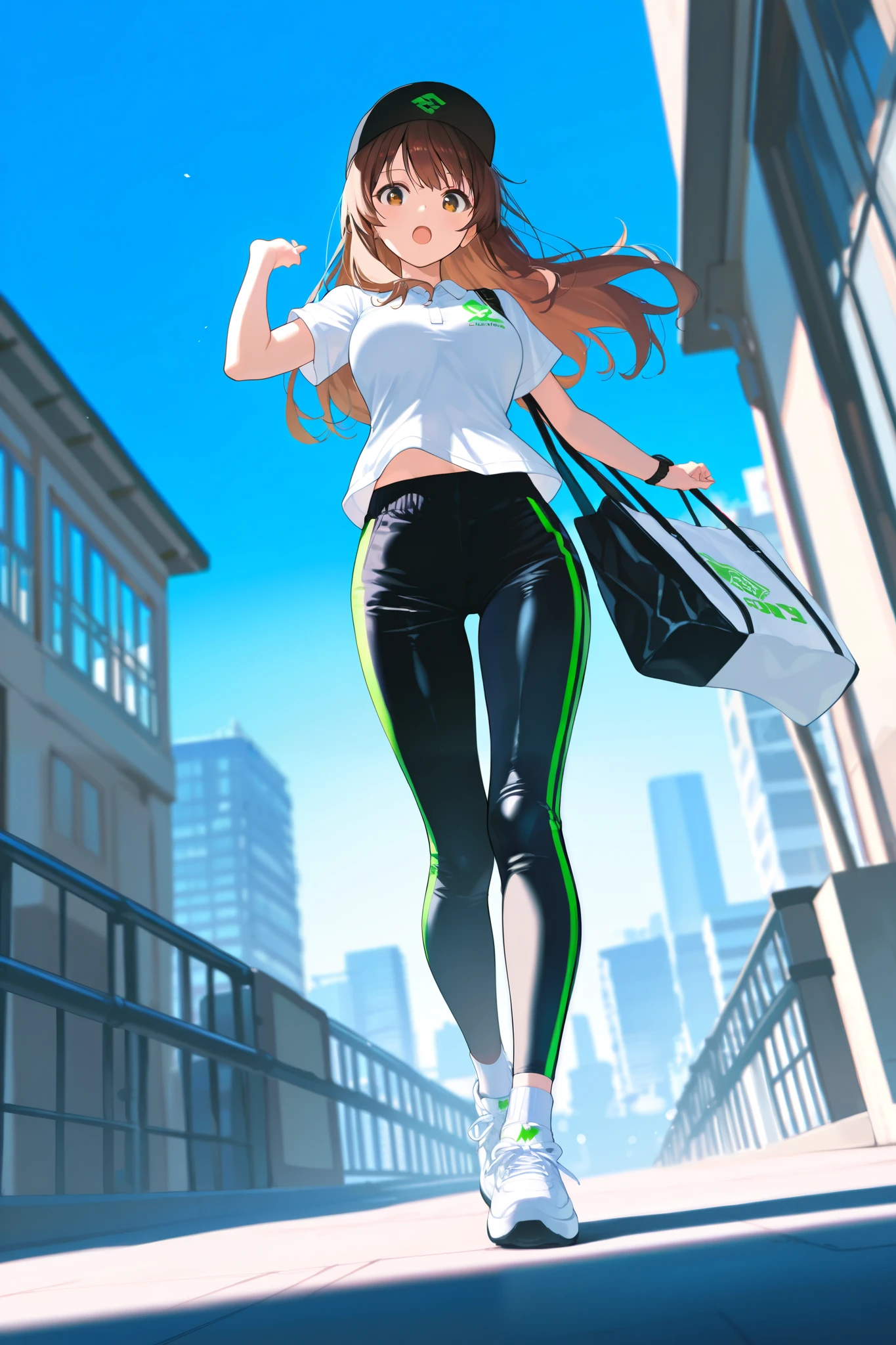 masterpiece, best quality, high quality, detailed, highly detailed, professional quality, BREAK, side angle, BREAK, 1girl, tall stature, fit, enraptured expression, BREAK, long hair, mahogany brown hair, coffee-brown eyes, calm eyes, BREAK, medium breasts, BREAK, white polo shirt, (midriff peek : 1.2), BREAK, darkgreen jogger pants. BREAK, white sneakers with green logo, white ankle socks, BREAK, holding beige tote bag, baseball cap, black watch, BREAK, open mouth, looking at viewer, walking, dynamic pose, BREAK, blue sky, city, bustling Tokyo street