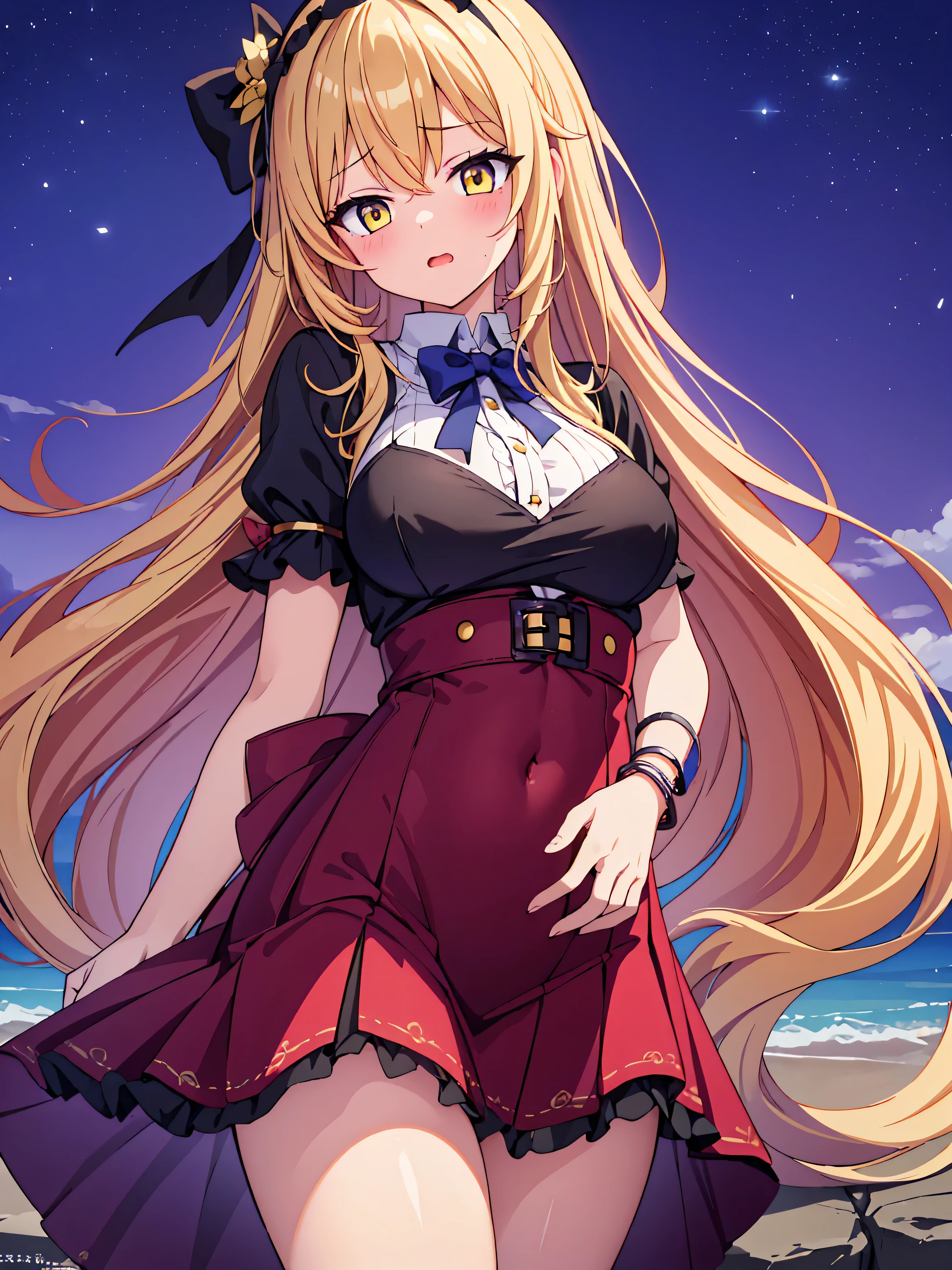 Highly detailed, high quality, masterpiece, beautiful, (all photo shooting), girl student girl, perfect eyes, yellow eyes, clear eyes, blushing face, moaning face with horniness, salivating, big thighs, medium breast, long hair, blonde hair, with bracelet in hand, bow in hair, flower headband, wearing western schoolgirl outfit, short mini skirt, sexy, showing uncovered panties, background image in a river at night