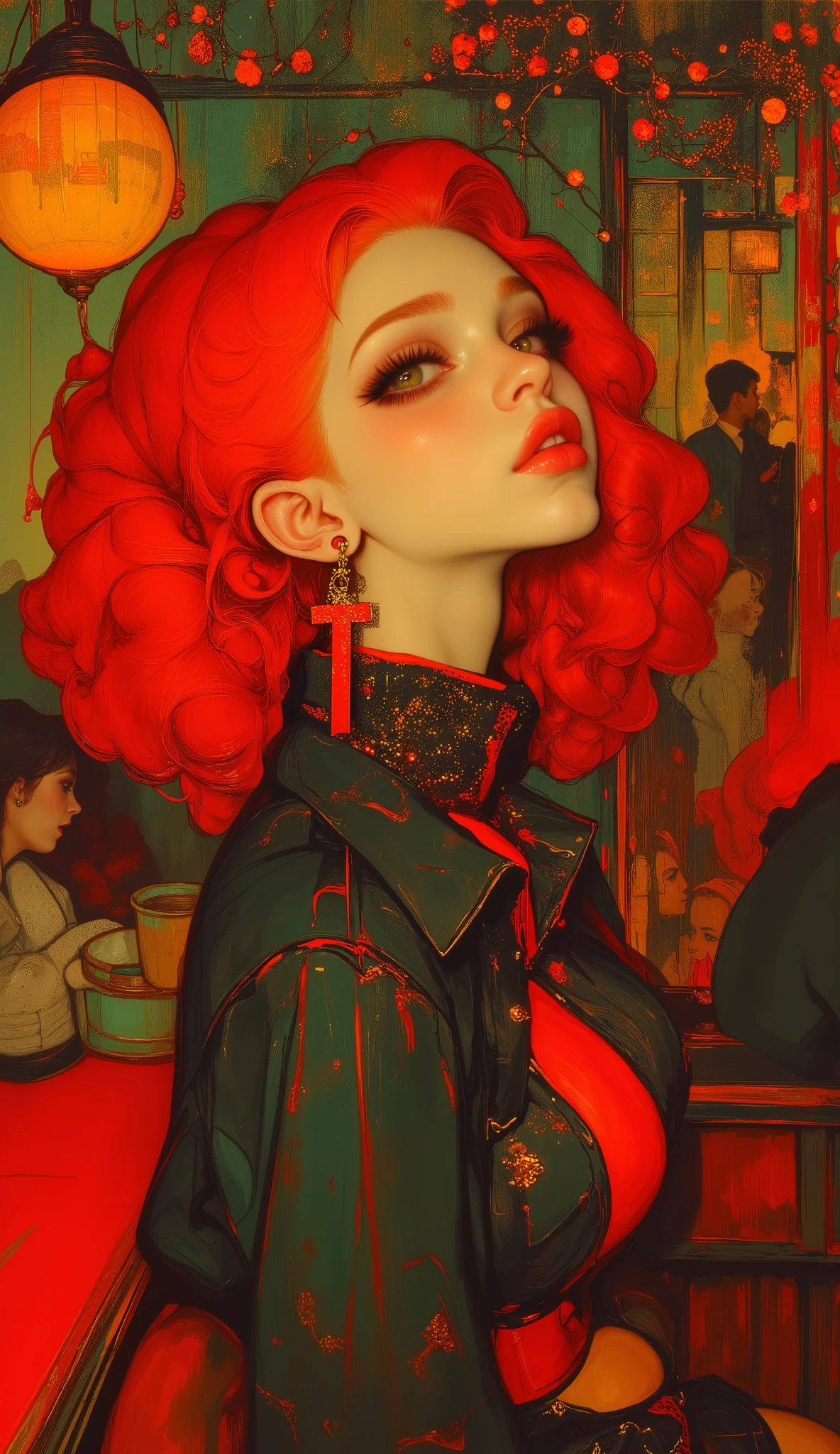 ((( Plan General :1.51) a big general shot of a young woman modern and fun clothing , with red and curly hair with loose loops and reflections , has part of its hair tied up in a slightly disheveled and fluffy bun , earrings with rings , red makeup and full lips , abundant and long false eyelashes , look at the sensual style of the woman sitting in a bar counter design lamp on the ceiling, a garland of lights and dried flowers , a curtain that moves with the wind , There are people in the bar , chatting, laughter, fun faint room tone , Beautiful comic art, neoartcore y charlie bowater, Charlie Bowater style , graphic artist artgerm , comic art style , lois van rossdraws, Charlie Bowater and Artgerm , graphic novel art , in Charlie Bowater style , beautiful artwork , Charlie Bowater art style , ( the best quality ,4k,8K, high resolution sweatshirt, masterpiece:1.2), ultra detailed , sharp focus,(realistic,photorealistic,photo-realistic:1.37), very detailed face , extremely detailed facial features ,hyper realistic skin texture, extremely fine details , intricate details, detailed eyes, Detailed nose , detailed lips photos, detailed facial expressions ,Intricate facial anatomy, intense lighting, dramatic lighting , changing lighting , Cinematic lighting , chiaroscuro lighting , dramatic shadows ,dramatic moments, bright colors ,intense colors,Deep contrast, cinematic depth of field , film composition, movie camera angle