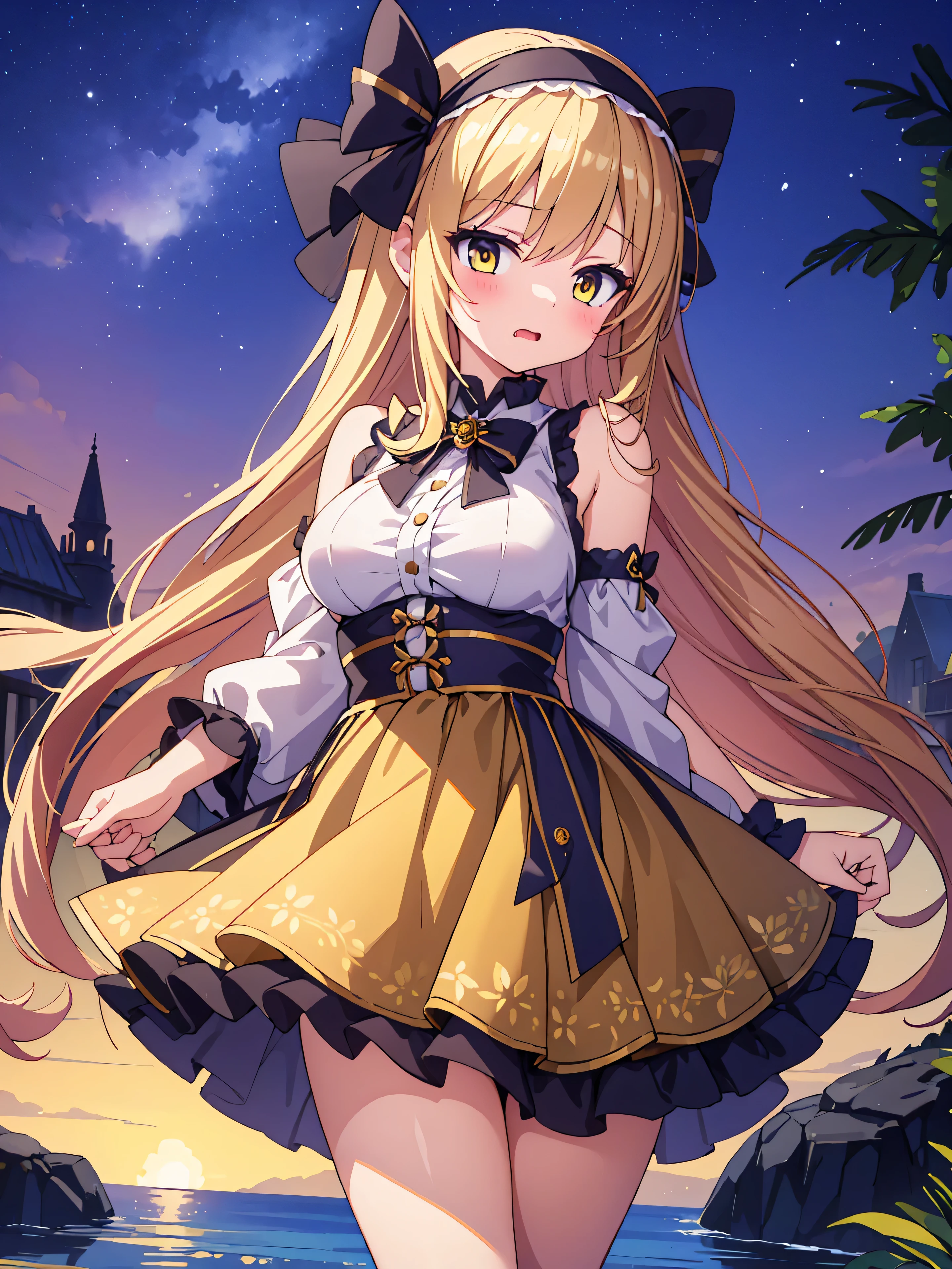 Highly detailed, high quality, masterpiece, beautiful, (all photo shooting), girl student girl, perfect eyes, yellow eyes, clear eyes, blushing face, moaning face with horniness, salivating, big thighs, medium breast, long hair, blonde hair, with bracelet in hand, bow in hair, flower headband, wearing western schoolgirl outfit, short mini skirt, sexy, showing uncovered panties, background image in a river at night
